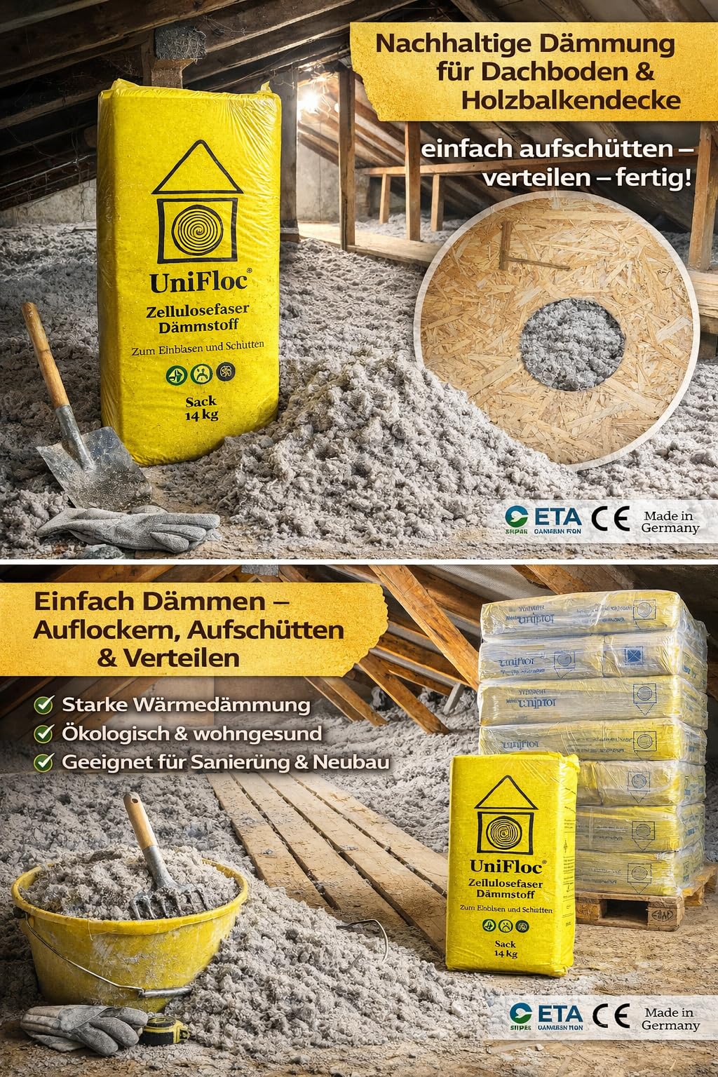 UNIFLOC® Zellulosedämmstoff Palette 21 Sack 296 kg – Fußbodenschüttung aus Zellulose – Einfache Dämmung für Holzbalkendecken, Speicherböden & – Premium Wärmeleitfähigkeit λD 0,038