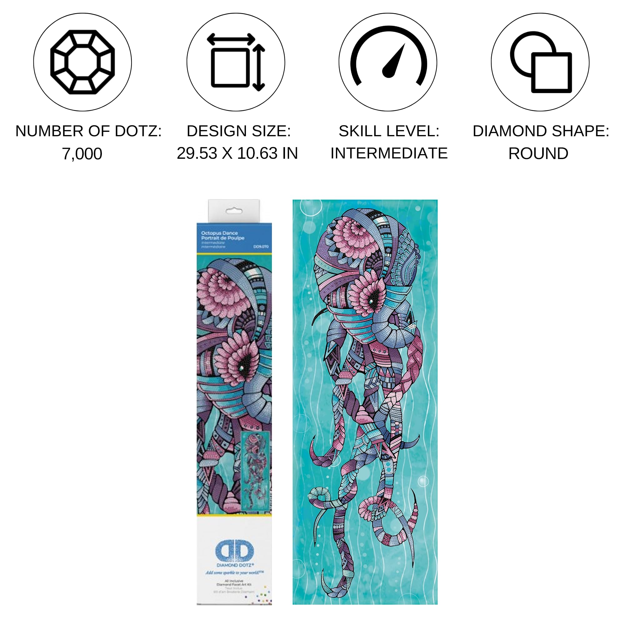 DIAMOND DOTZ Diamond Painting Polpo Ballerino, Quadro di Diamanti 5D Animali, Kit completo di pittura con Diamanti Livello Intermedio 75x27 Cms