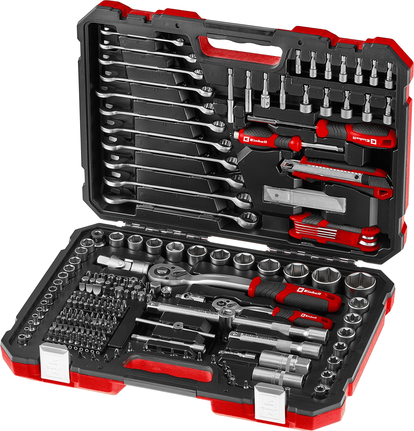 Einhell - Maletín de herramientas de 233 piezas (trinquetes, llaves combinadas, juego de brocas, enchufes, extensiones, uso versátil, compatibilidad de máquinas)