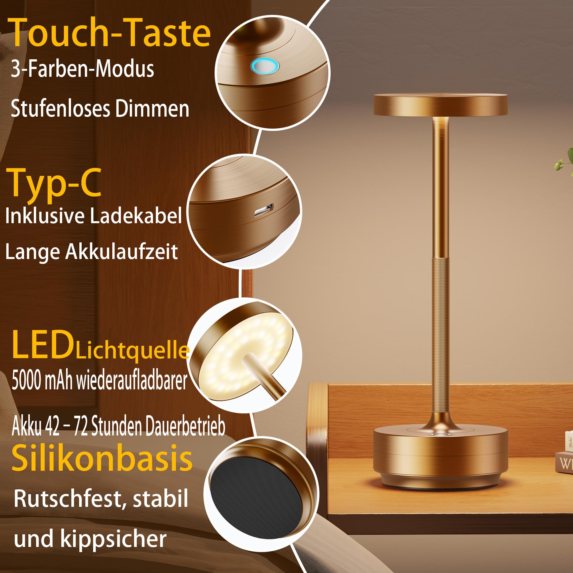 Tischlampe IP54 Led Outdoor Lampe 5000mAh Akku Camping Schreibtischlampe Aufladbar Touch Dimmbar in 3 Farben Tischleuchte (2 Rost)