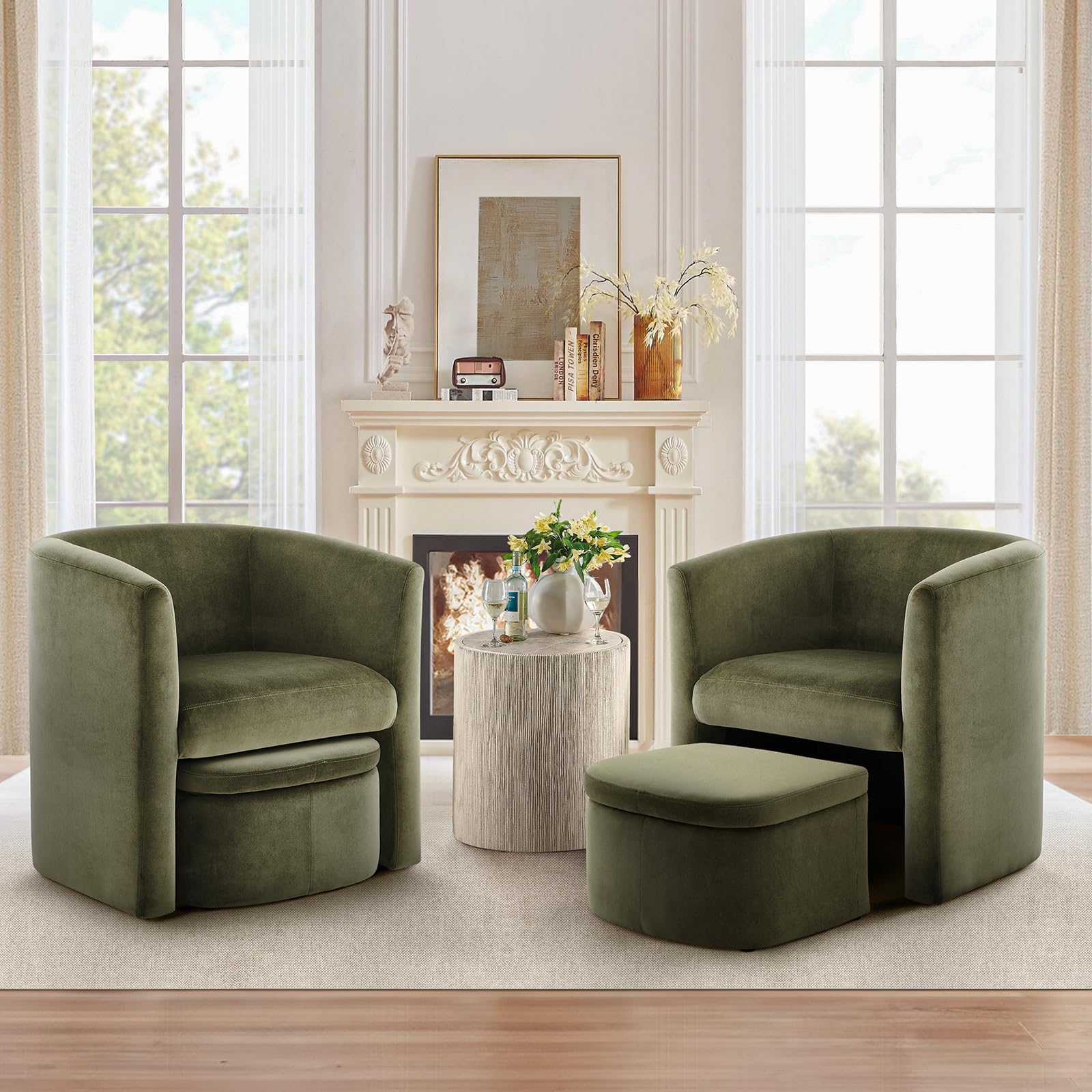 Colamy Upholstered Velvet Barrel Accent Chair With Storage Ottoman