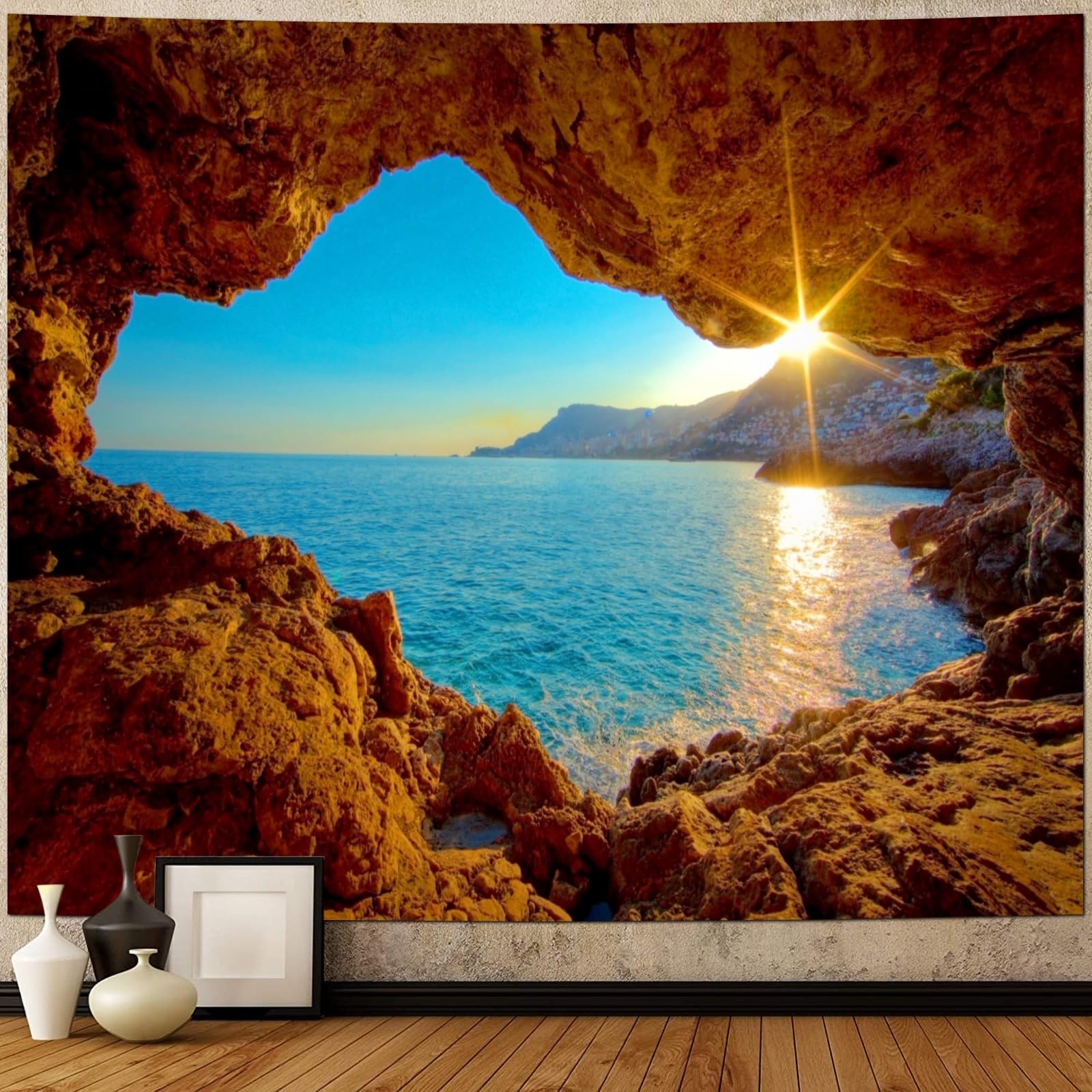 Calefee Arazzi da Parete Camera da Letto 150x130, Arazzo Grotta Tramonto Sul Mare Natura, Decorazione Murale per Soggiorno