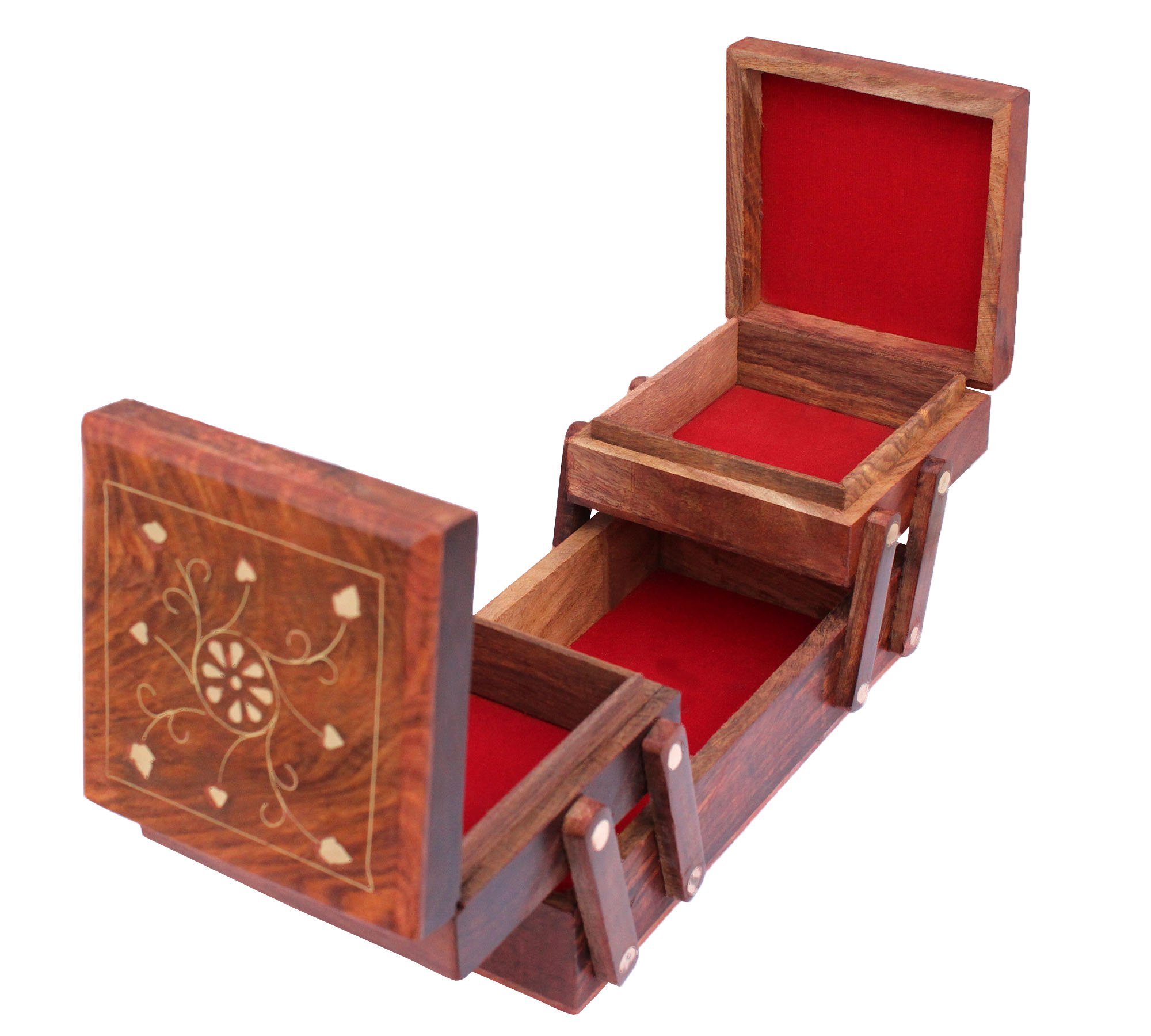 ITOS365 Wooden Jewellery Box for Women - with Brass Inlay On Top | Handmade Jewellery Storage Ogranizer with Multiple Compartments & Carvings | Birthday & Aniversary Gift - 8 Inches 2