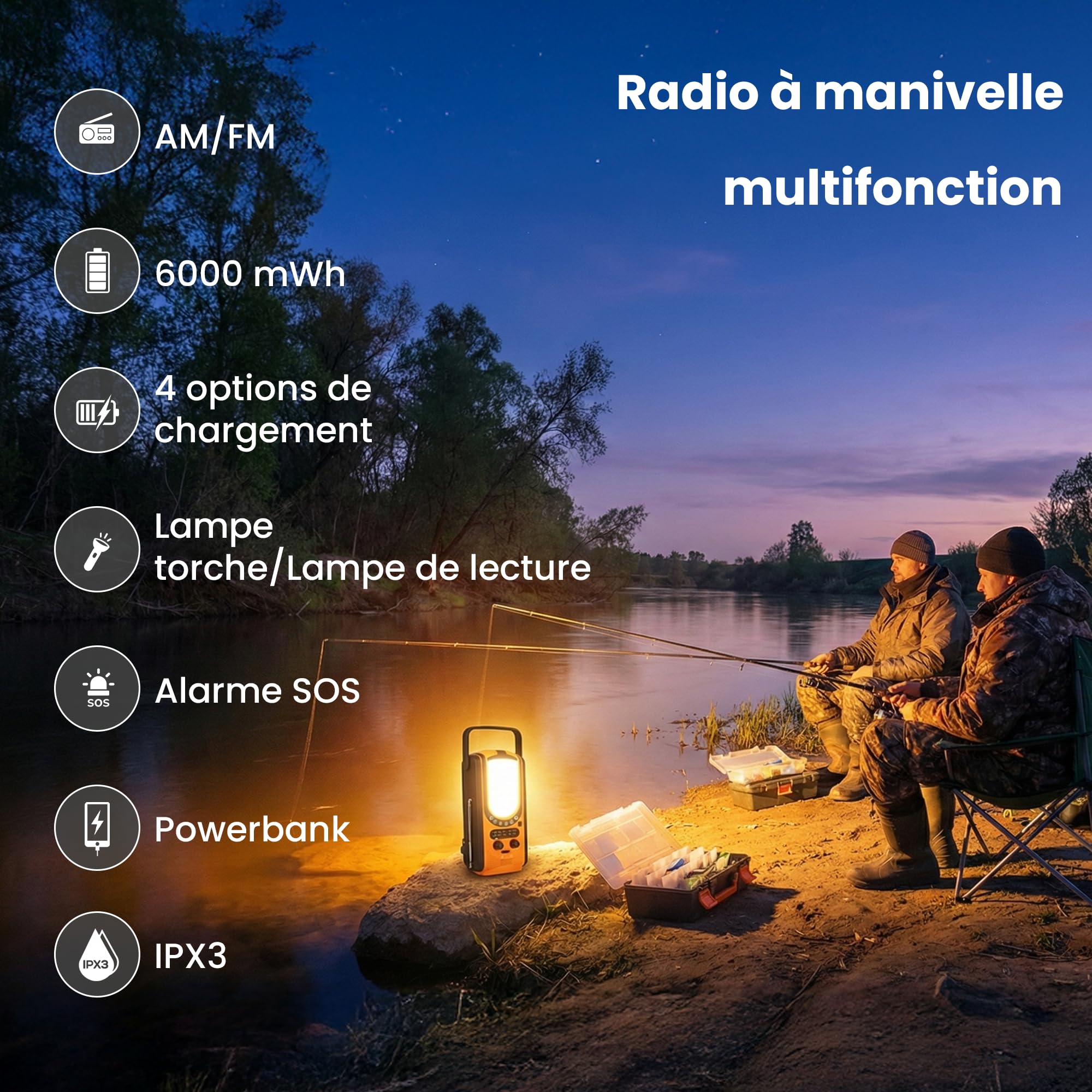 Extralnik Radio Solaire & Radio manivelle avec powerbank 6000mAh, 6 Modes de Charge, USB C, Lampe de Poche & Lampe de Lecture, Alarme SOS, équipement d'urgence, Outdoor, Camping
