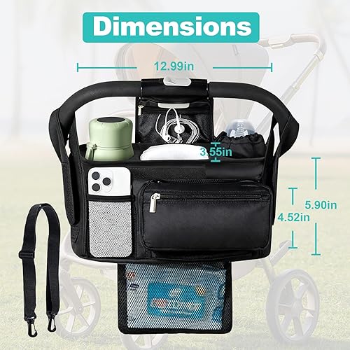 Miniatura 3 de Organizador de cochecito de bebé, organizador universal para cochecito con portavasos aislado, bolsa de teléfono desmontable y correa de hombro, se