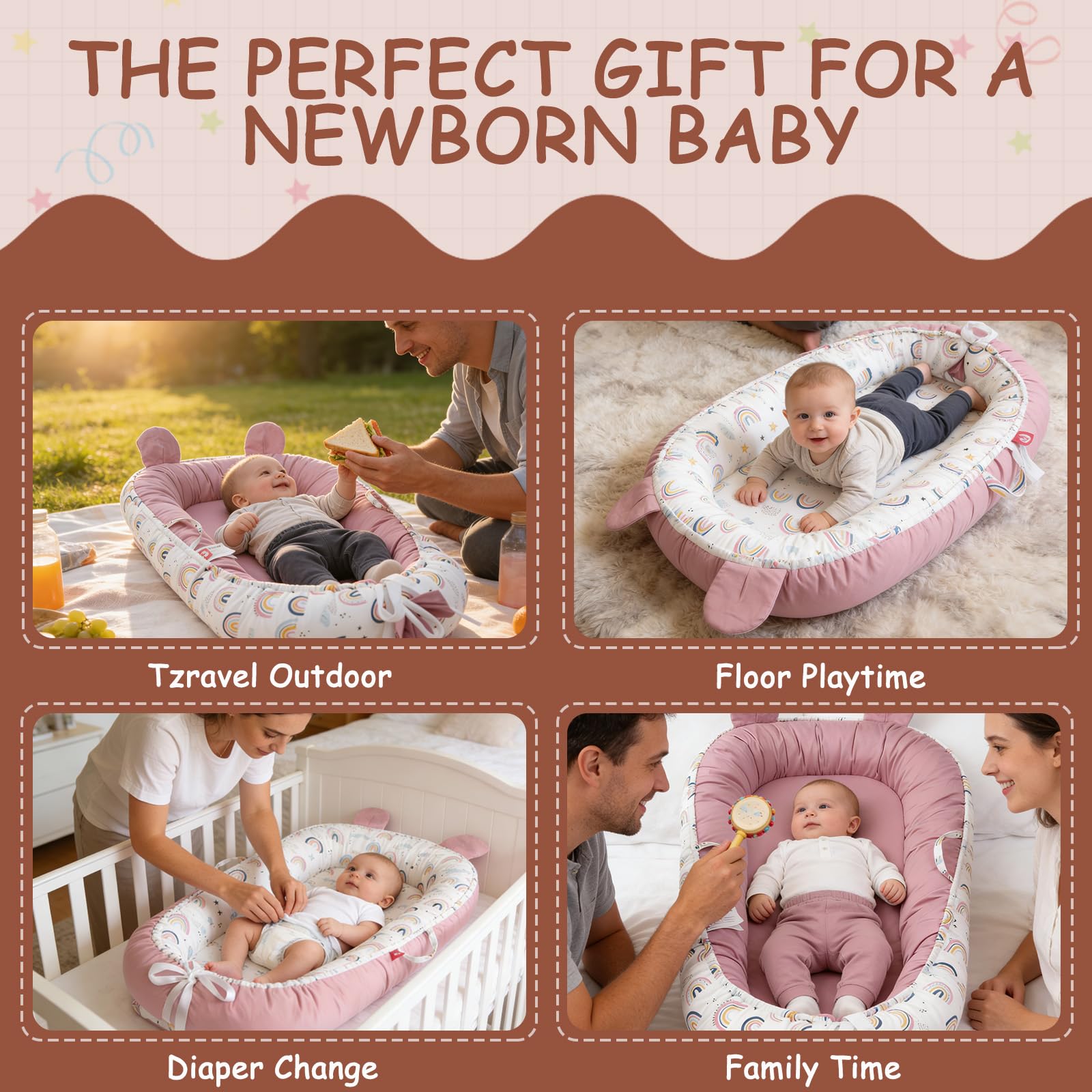Huracan Nido de bebé recién nacido, 0 – 12 meses, 100% algodón, doble cara y lavable, con manta de 85 x 85 cm y 5 paños de muselina, portátil, regalo para bebé