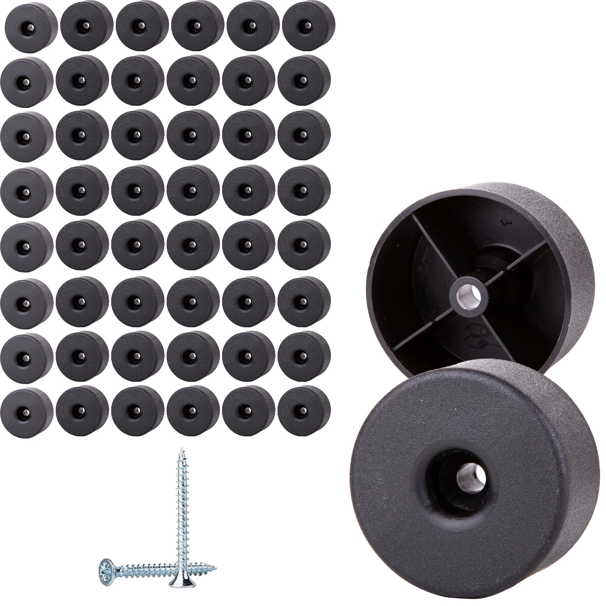 SKIR'CO 50 pcs, Black Plastic Round Furniture Legs, 50 mm Diameter, Height 25 mm, Plastic Furniture Feet, Screws Included
