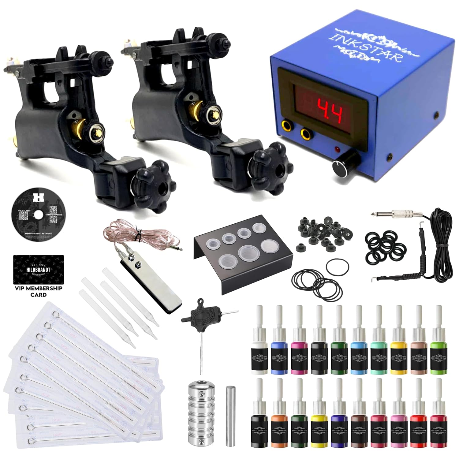 Tattoo Kit w/Traditional Coil Tattoo Machines TKI2R20 Professional Hand Tuned Liner Shader - 8/10 Wrap Coils, Digital Power Supply, Crash Course Book, 2 Training Video Courses & More