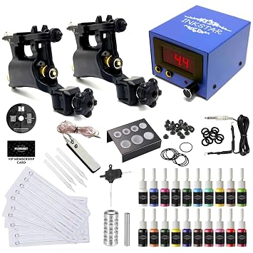 Tattoo Kit w/Traditional Coil Tattoo Machines TKI2R20 Professional Hand Tuned Liner Shader - 8/10 Wrap Coils, Digital Power Supply, Crash Course Book, 2 Training Video Courses & More