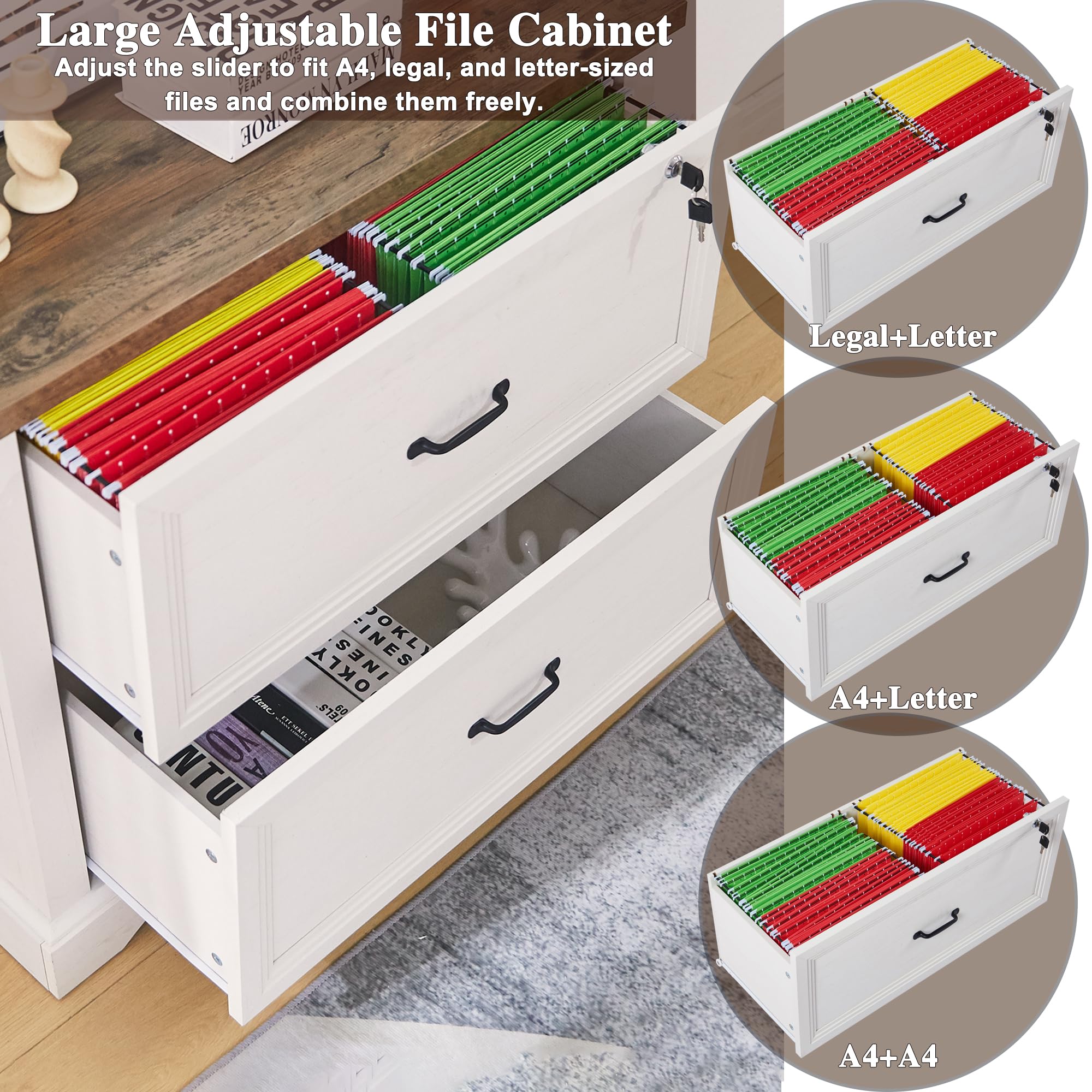 Cajonera de Oficina, Cajonera de Escritorio con 2 Cajones, File Cabinet Archivador Lateral con cajón Superior con Cerradura para Oficina en casa, Compatible con tamaño Carta, Legal y A4