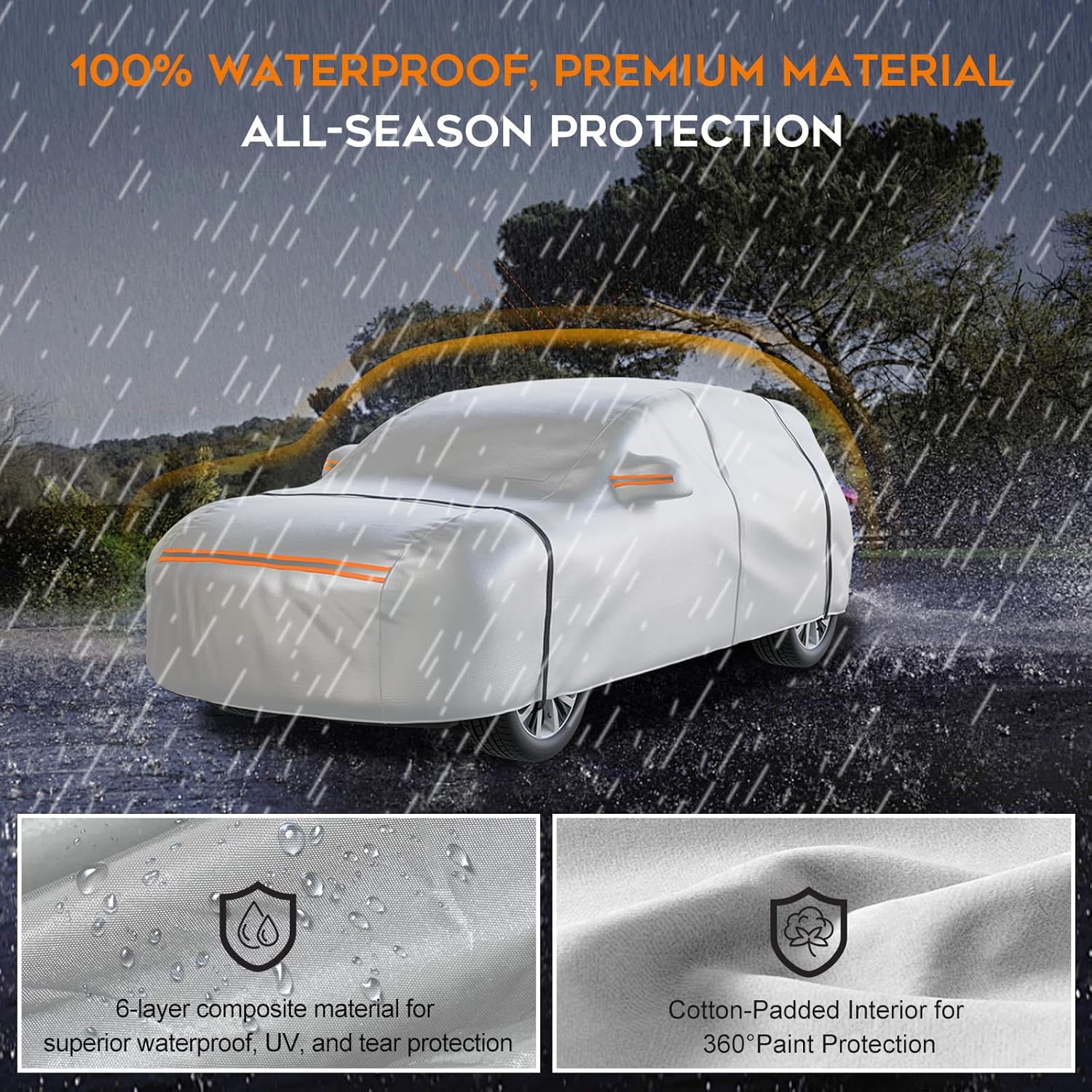Car Cover Waterproof All Weather,6 Layers with Cotton Lining for Full Protection Against Rain, Snow, UV, and Dust,Easy to Install and Remove,Fit Sedans up to 213 inches,with Zipper Door,Silver