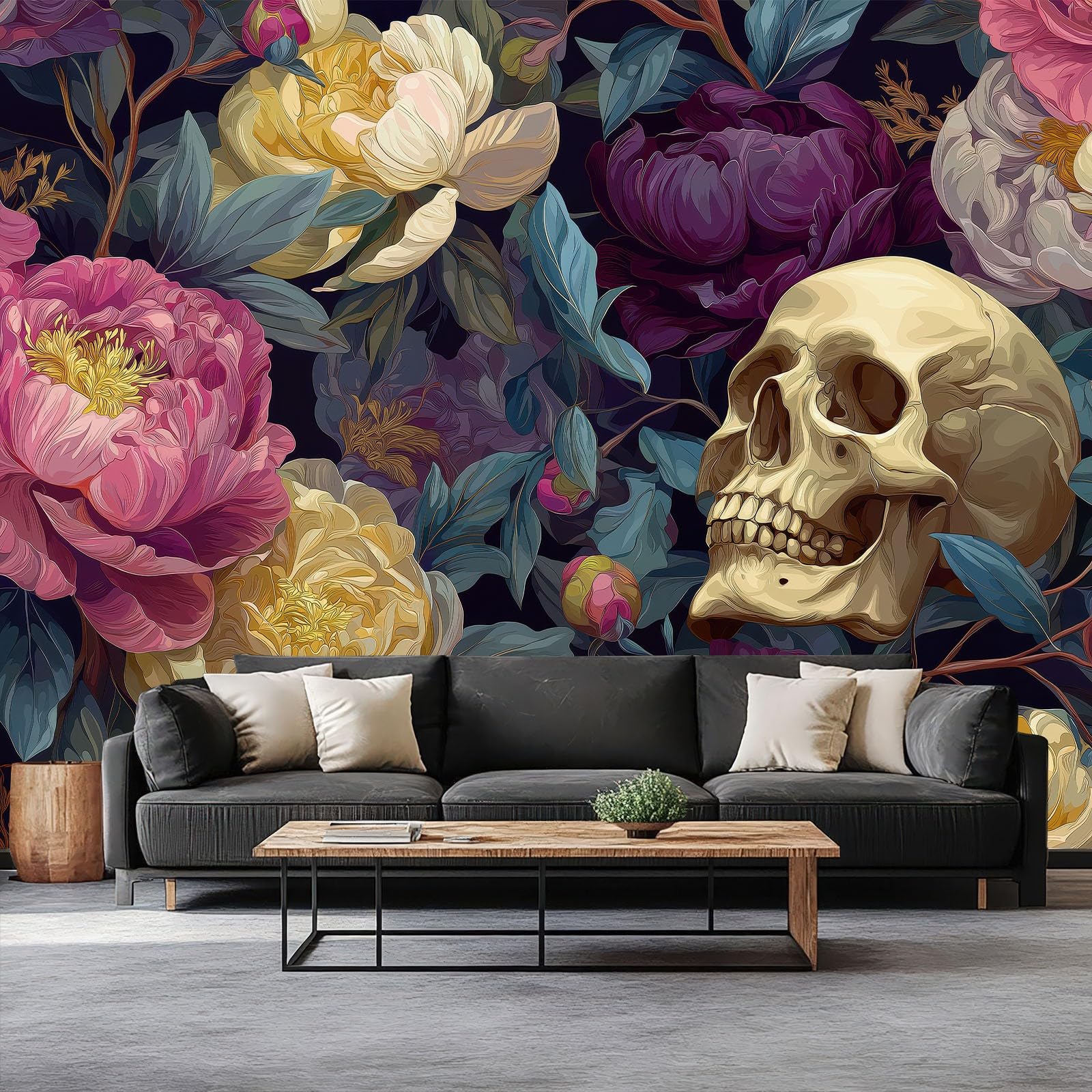 Tapete Fototapete 3d Effekt Dunkel Totenkopf Pfingstrose, 400 x 280 cm (B x H) Wandbild Wanddeko für Wohnzimmer Schlafzimmer, Mehrfarbig Vlies Tapeten mit Geruchsfreiheit Wandposter Wandkunst