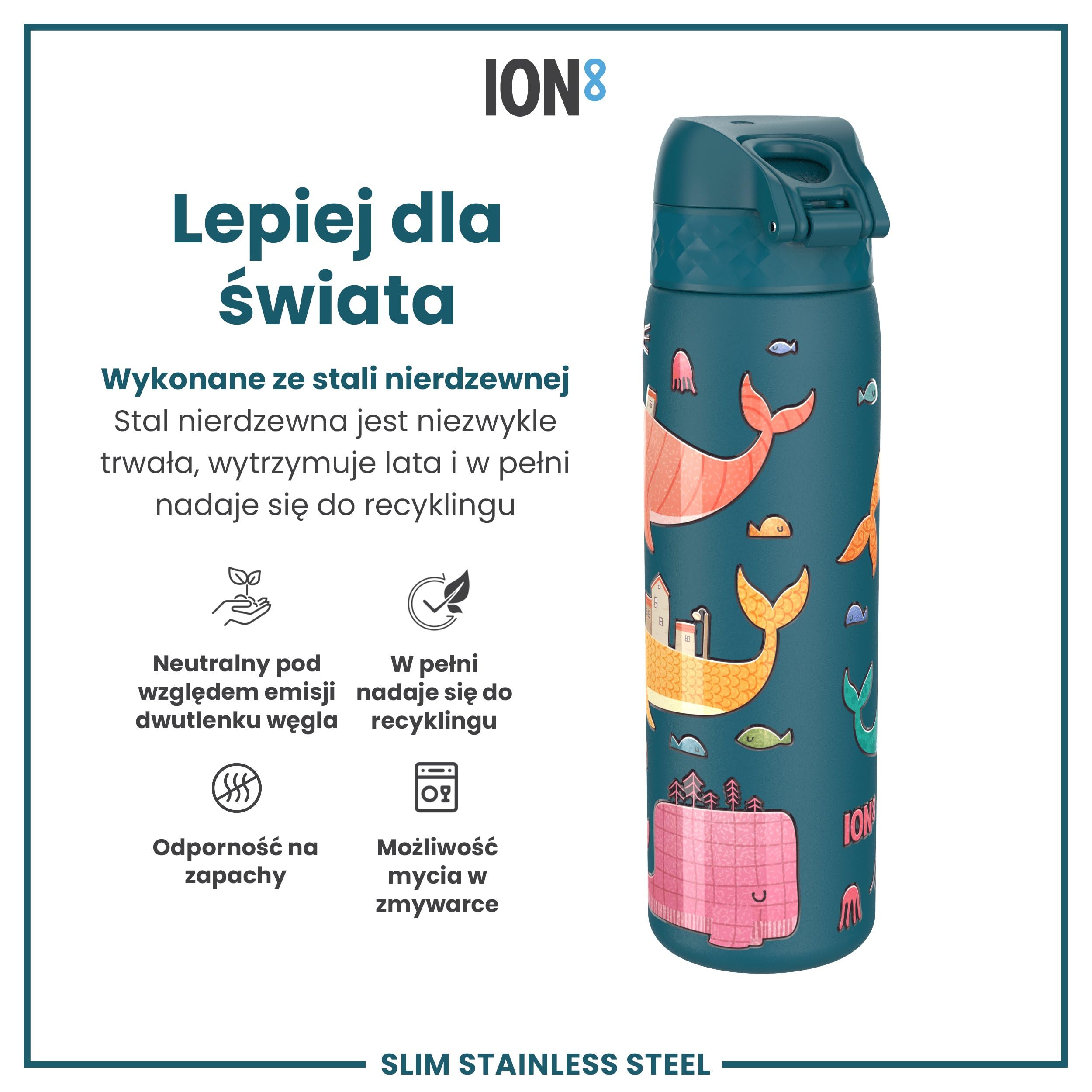 ION8 Butelka na Wodę ze Lekki Stali, 600 ml/20 oz, Nieocieplany, Szczelna, Łatwe Otwieranie, Bezpieczny Zamek, Można Myć w Zmywarce, Higieniczne Pokrycie, Składany Uchwyt, Wieloryby
