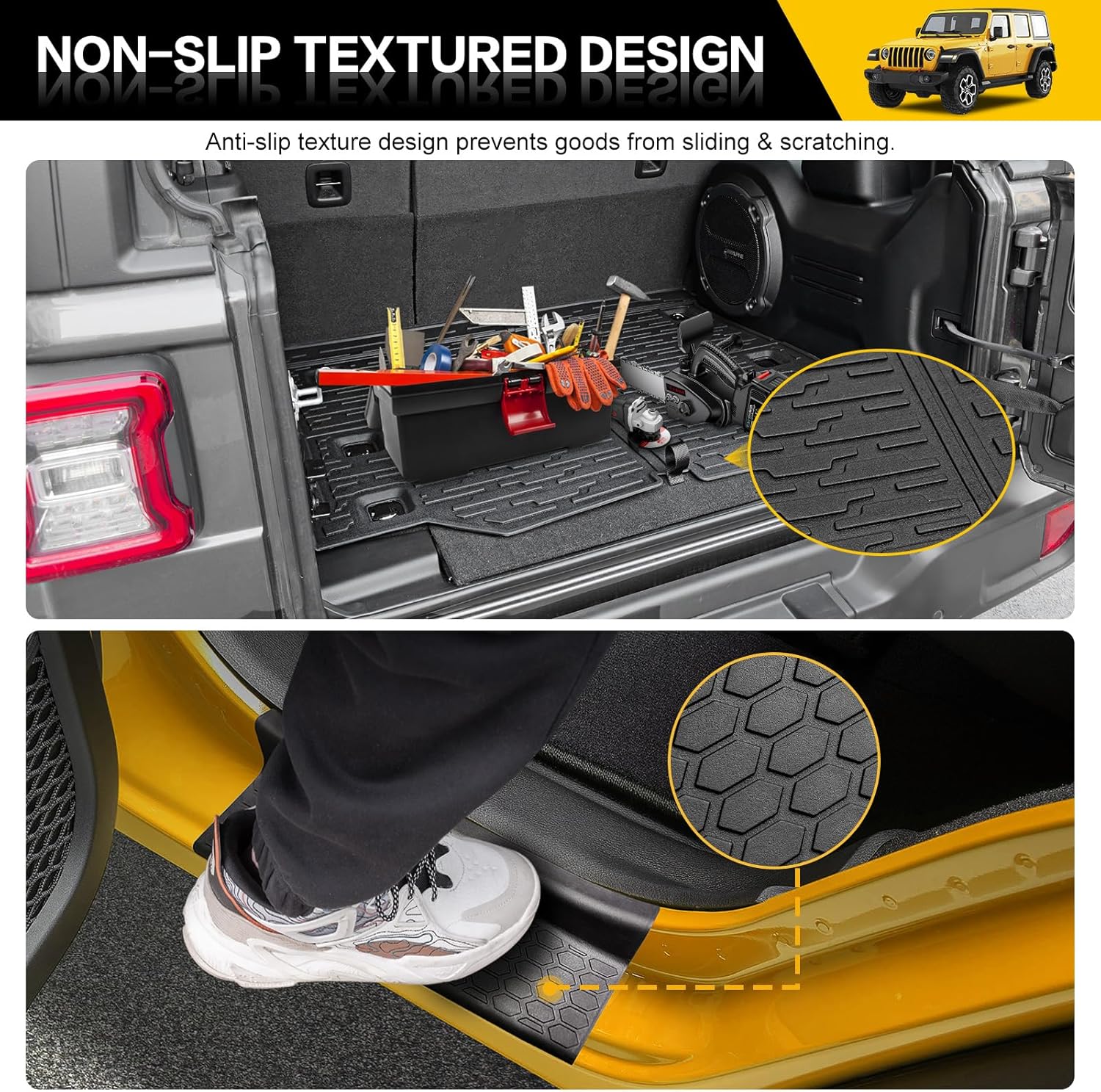 Trunk Mat with Door Sill Guards for 2018-2025 Jeep Wrangler JL Unlimited 4X4 Accessories All Weather Rear Trunk Liner Door Sill Protector for 18-25 JL JLU Gas Type 4 Door(Not for 4XE)