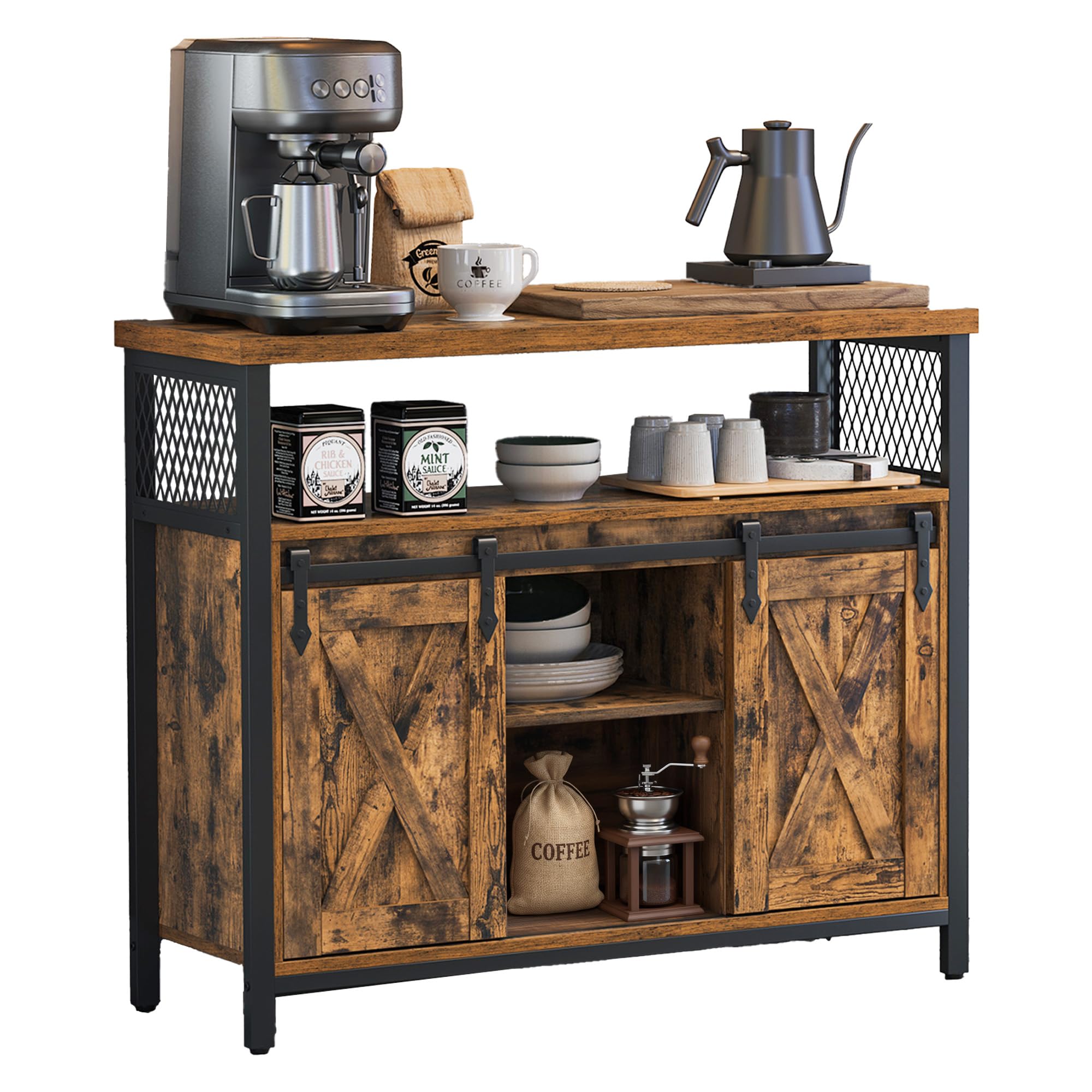 VASAGLE Aparador, Armario de Cocina, Armario de Almacenamiento, con 2 Puertas Correderas, 33 x 100 x 80 cm, Estantes Ajustables, para Salón, Marrón Rústico y Negro Tinta LSC092B01