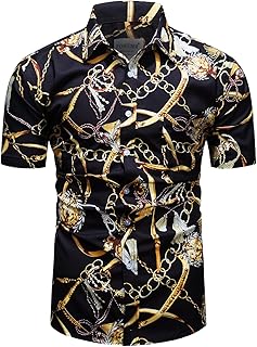 Mens Luxury Shirts Black Gold Chain Print Dress Shirt Baroque Short Sleeve Casual Button Down Design buchona Shirts - Buy now