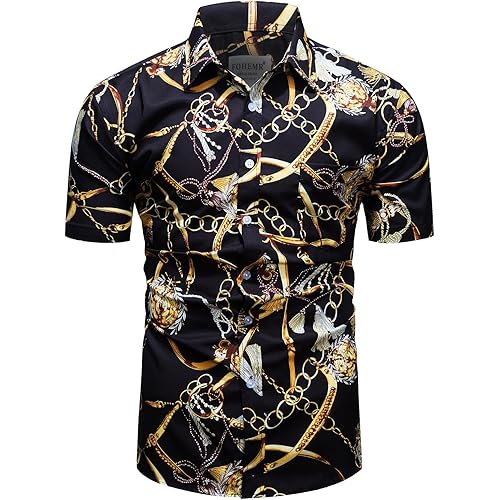 Mens Luxury Shirts Black Gold Chain Print Dress Shirt Baroque Short Sleeve Casual Button Down Design buchona Shirts