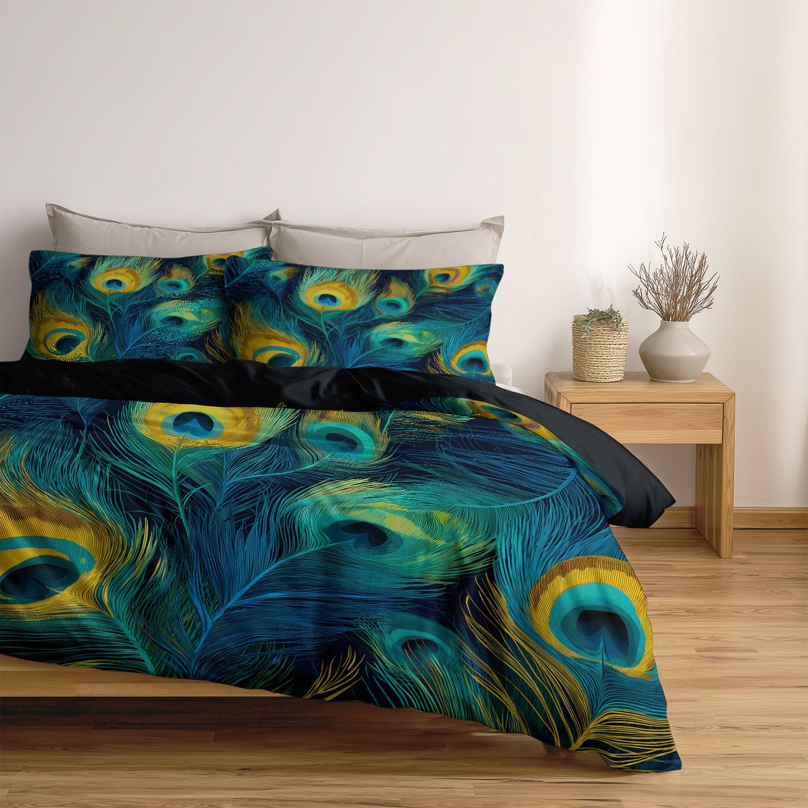 Generisch Klassisches Retro 3-teiliges Bettwäsche-Set, Schwarz 1 Bettbezug 200 x 200 cm und 2 Kissenbezüge 80 x 80 cm, Pfauenfeder TexturWeiche Mikrofaser, Reißverschluss, Ganzjahres