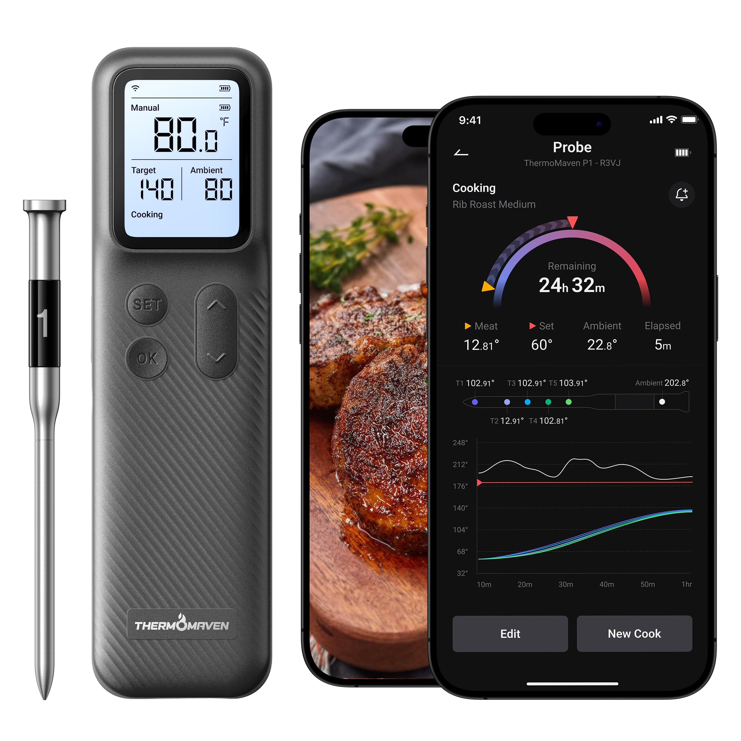 ThermoMaven Smart Bluetooth Wireless Meat Thermometer with WiFi App | Standalone Base, Ultra-Thin Probe, NIST ±0.5°F Accuracy, Real-Time Alerts, BBQ Grill Oven Kitchen, Steak Chicken Turkey Pork