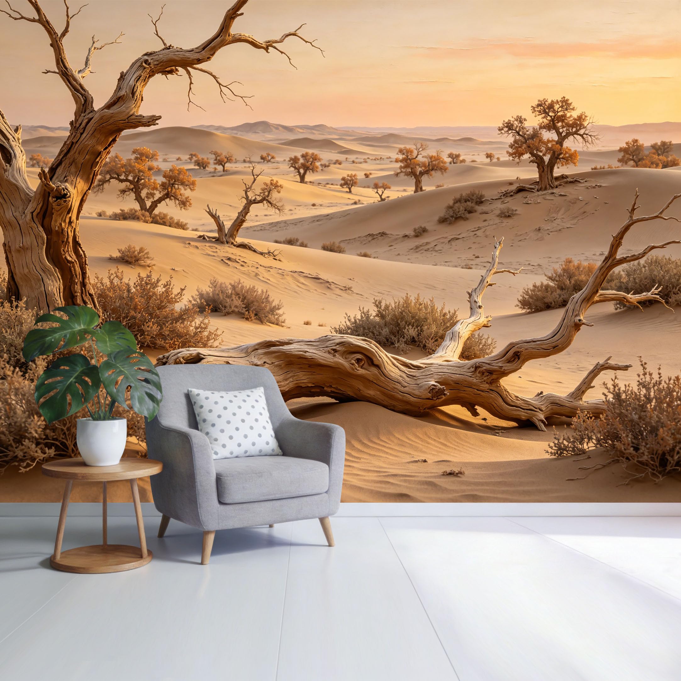 Custom Size Wall Mural Desert Landscape Golden Sand Dunes Dry Tree Sunset Scene Nature Art SelfAdhesive Wall Fabric Removable Wallpaper for Home Office Decor