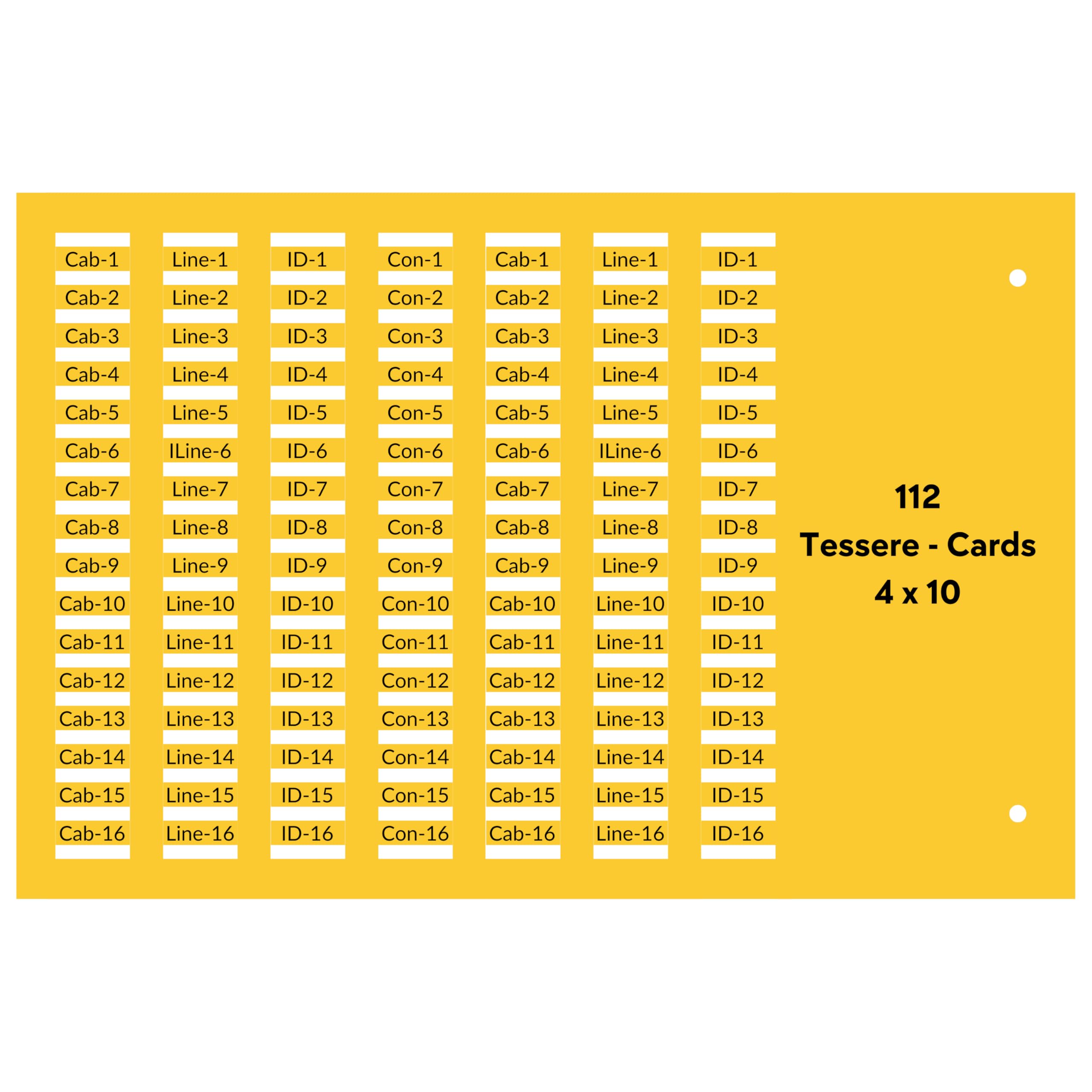 25 Card Targhette Segnacavo 4x10 FLAT 2800 tessere • PVC 0,5 mm (112×25 schede) • Per Tubetti da 0,5 mm • Compatibile con cod. 42040B Cembre • Giallo • RIDOTTO