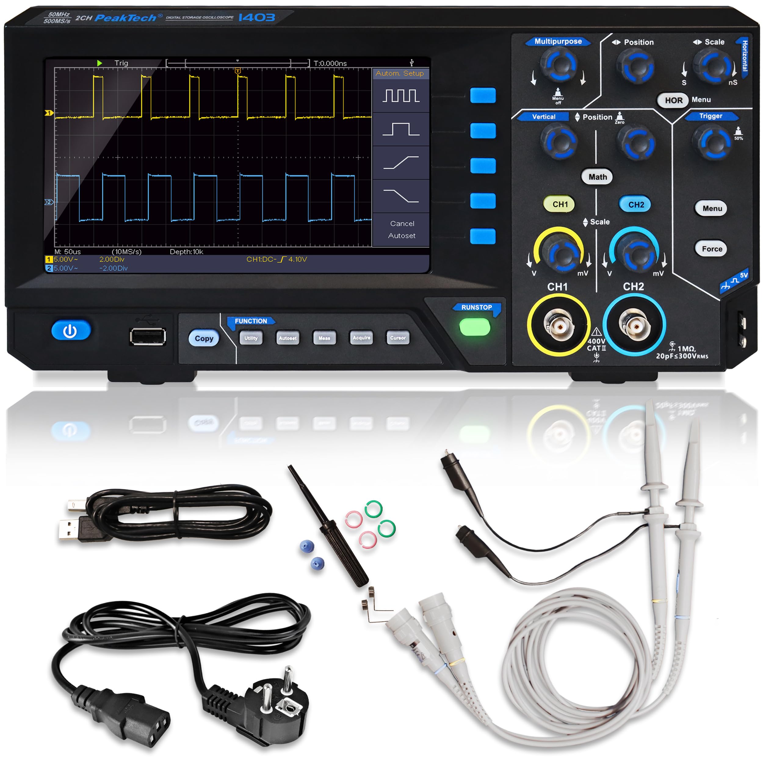 PeakTech 1403 – Digitales Oszilloskop, 2 Kanäle, 50 MHz, 500 MS/s, USB, PC-Software, Schwarz
