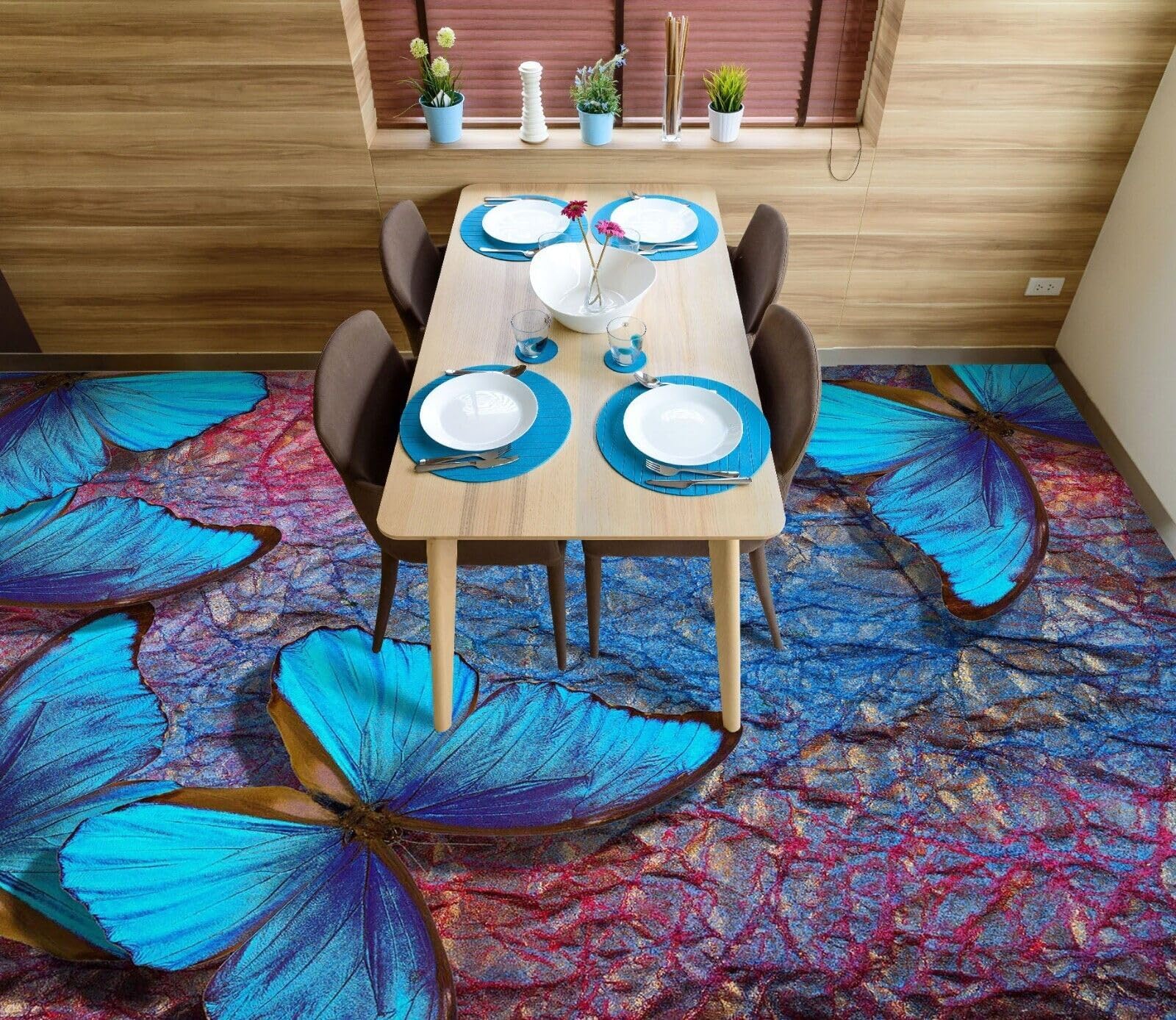 Cartel De Decoración De Piso Murales de papel pintado de suelo de mariposa azul 3D, 250 * 175 cm Murales Pegatinas Cuarto de baño Vinilo autoadhesivo Papel tapiz