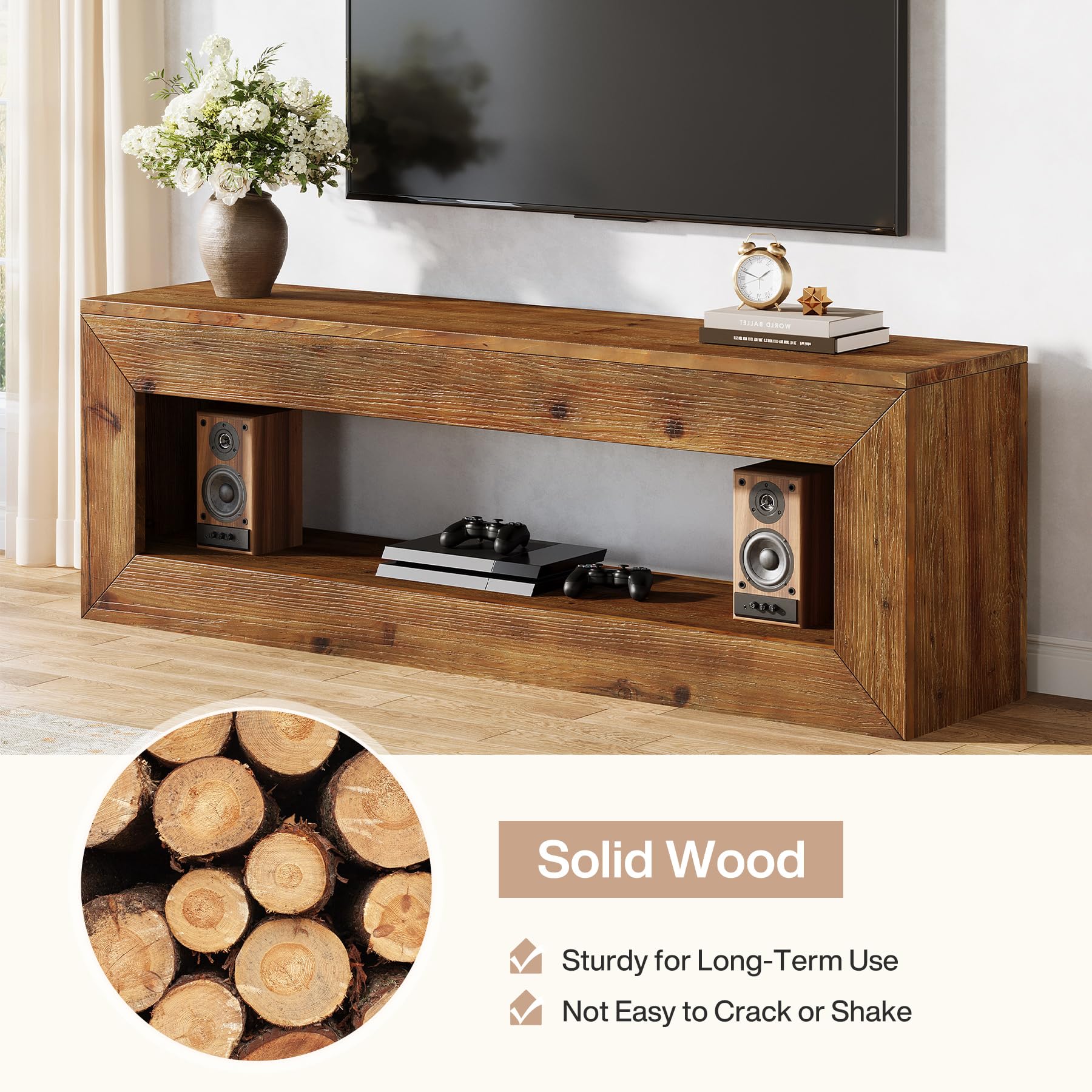 Meuble TV en Bois Massif, Meuble pour télévision Style Campagne jusqu'à 55 Pouces,120 cm Meuble sous téléviseur, Banc TV avec Rangement, Console TV pour Salon, Chambre, Marron Rustique