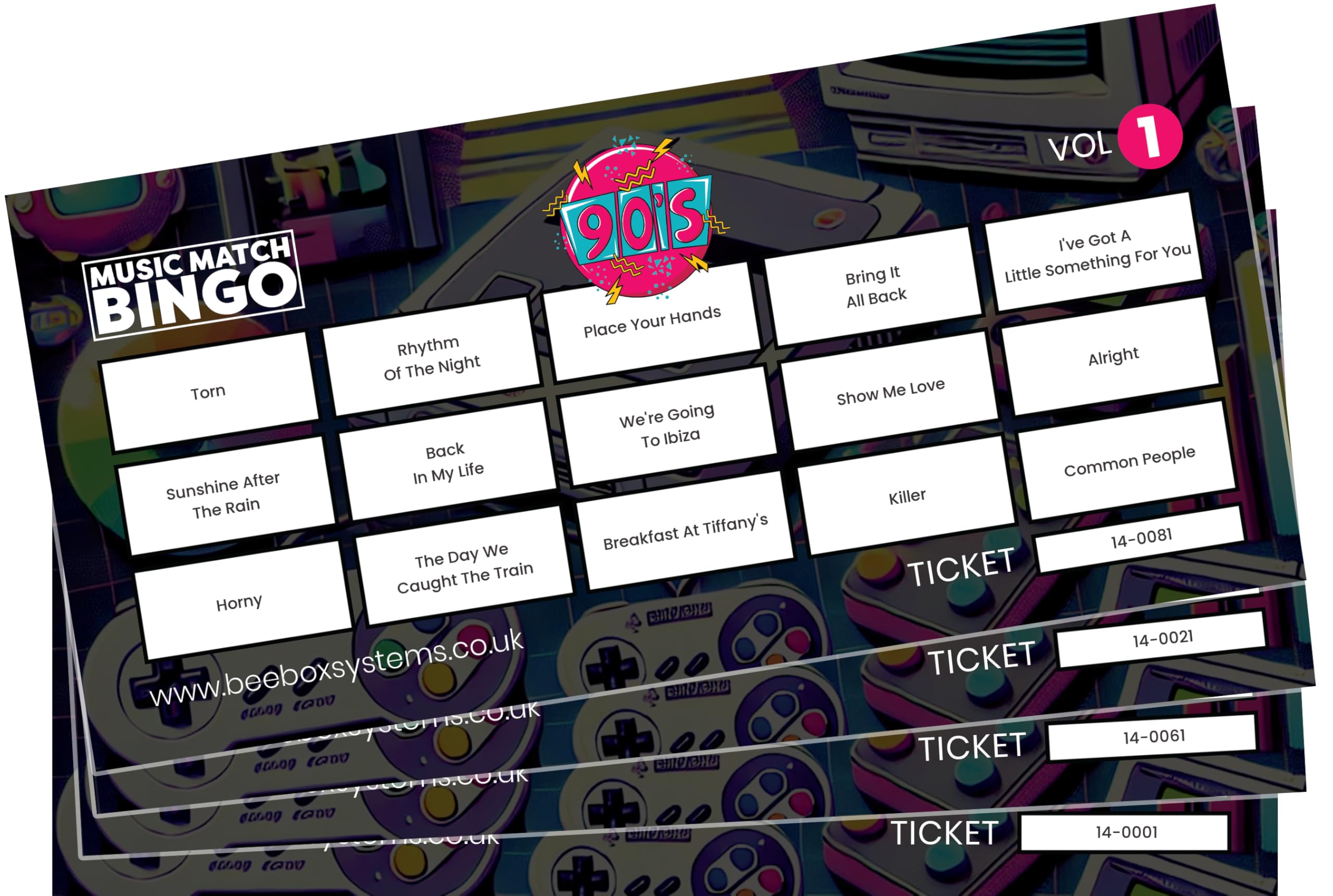 BeeBox Music Match Bingo Game Tickets, 120 Tickets Per Pack (90's Vol1)