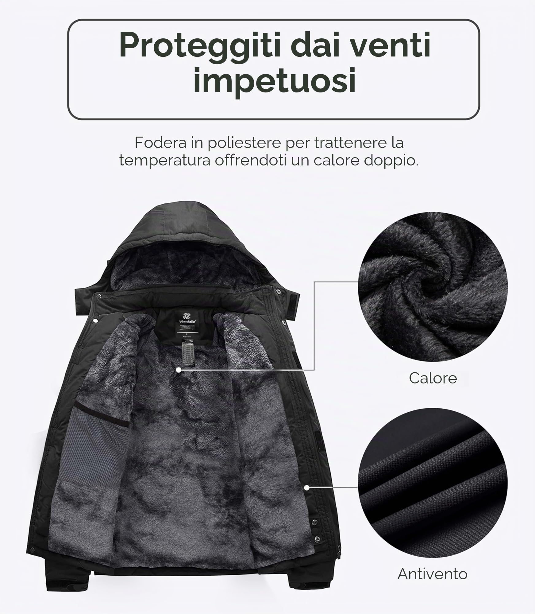 Wantdo Giacca da Sci Montagna Calda Invernale Parka da Neve Imbottita Cappotto da Snowboard in Pile Giubbotto con Cappuccio Impermeabile Uomo