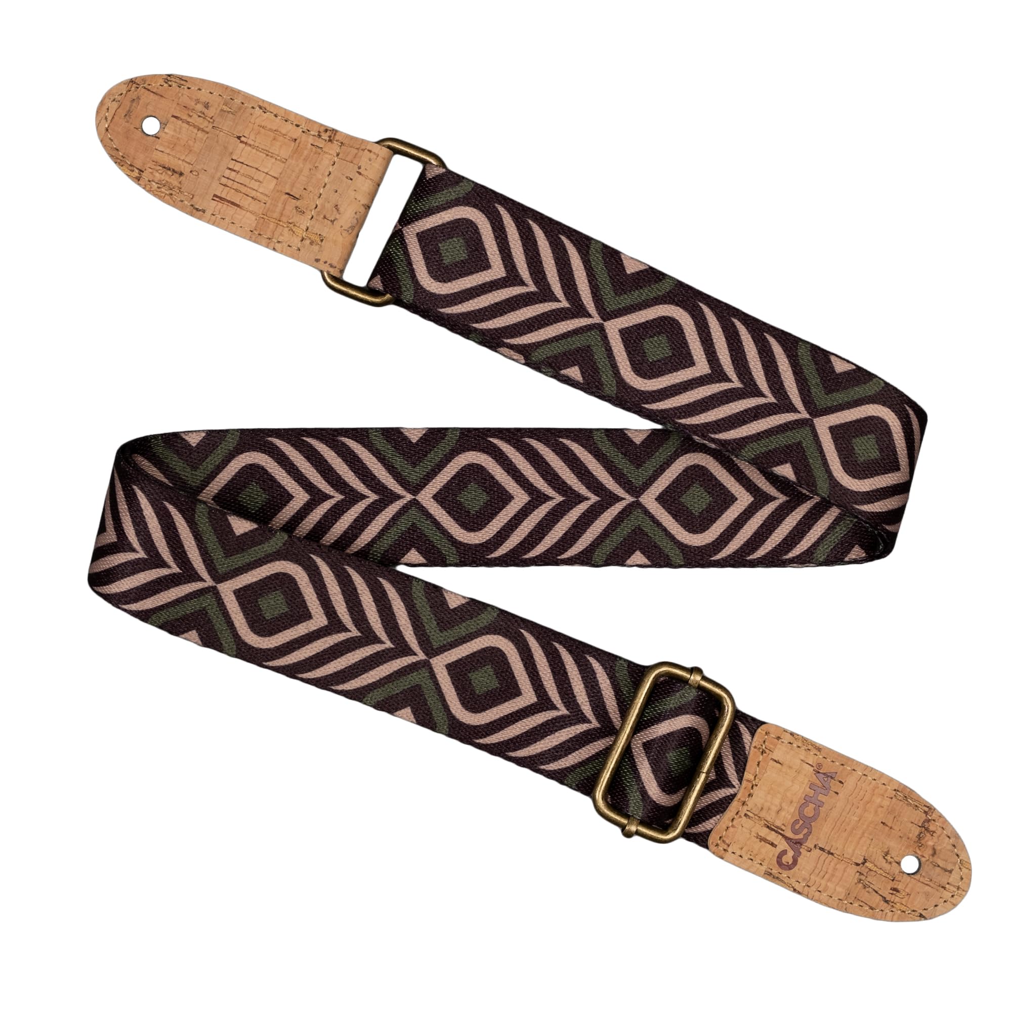 CASCHA Guitar Strap Vegan Strap Cork Ends Geometric Design Green Beige Polyester Material