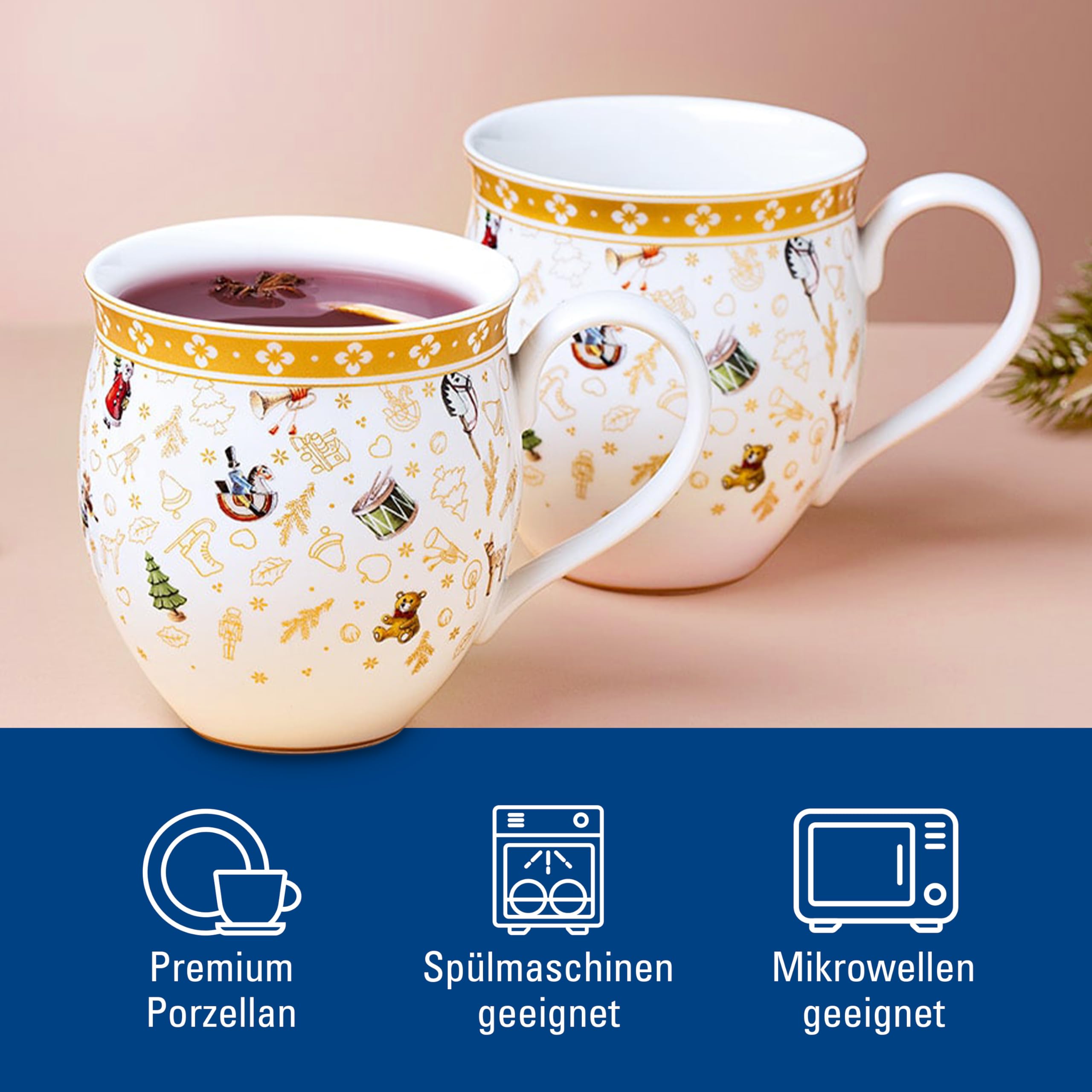 Villeroy & Boch - Toy's Delight Becher mit Henkel Set 2-teilig Jubiläumsedition 390 ml Gold und Weiß, Spülmaschinenfest, Mikrowellensicher, Kaffeebecher, Tassen Xmas, Weihnachten, Premium Porzellan
