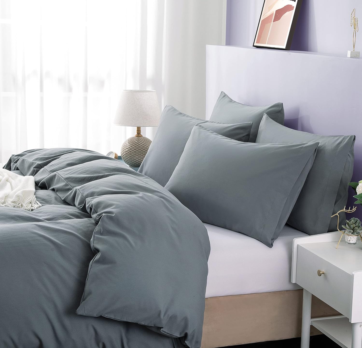 Milvowoc 5 Pcs Dark Grey Duvet Cover Set Full/Queen Size, 1800 Thread Count Brushed Microfiber Comforter Cover Sets with Zipper Closure & Corner Ties (1 Duvet Cover + 4 Pillowcases)