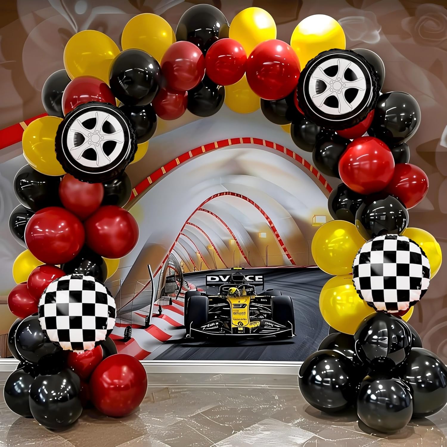 Race Car Balloon Garland Arch Kit, 160Pcs Red Yellow Black Latex Balloons Wheel Checkered Foil Balloons for Racing Car Two Fast 2nd Birthday Party Decorations - Image 3