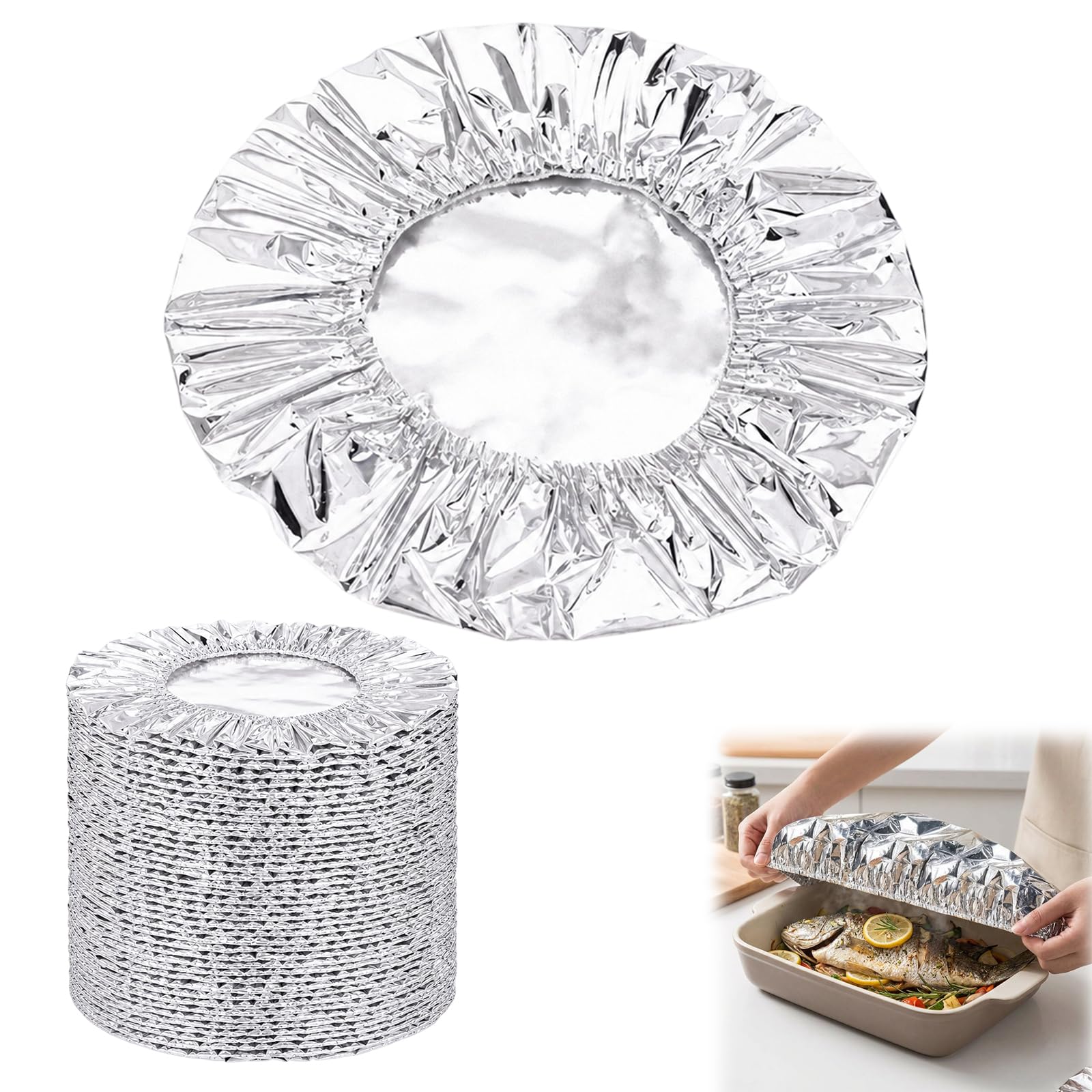 Stretchy Foil Food Covers,50 pcs Aluminium Foil Covers for Food, Stretch Covers for Leftover Storage and Outdoor Dining, Plate Covers for Food.