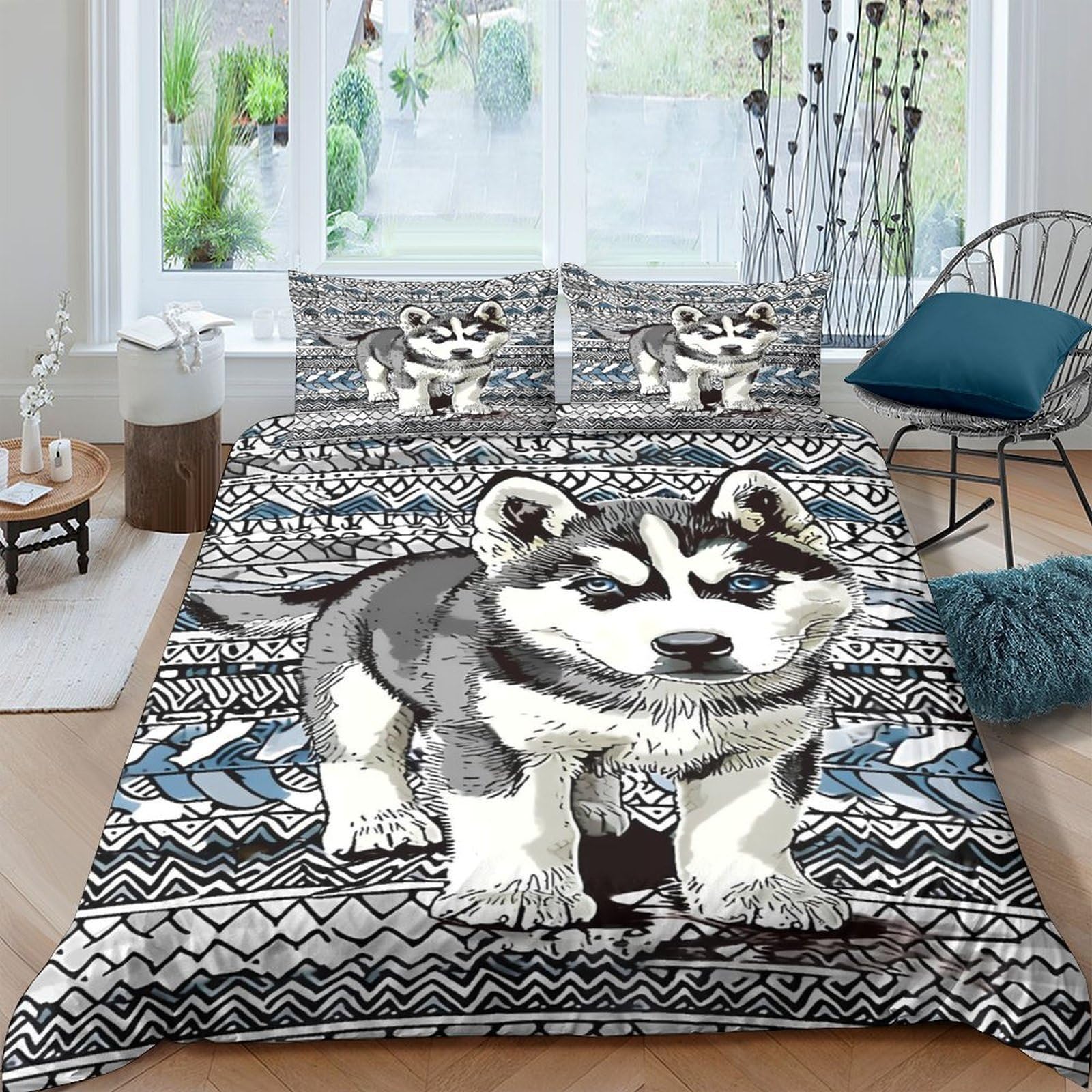 Ctjqhvkz Style-8 3D Printed Husky Puppy Fitted Sheet Microfiber Soft Breathable Animal Pattern Mattress Cover Bedroom Decor Single（135X200cm）