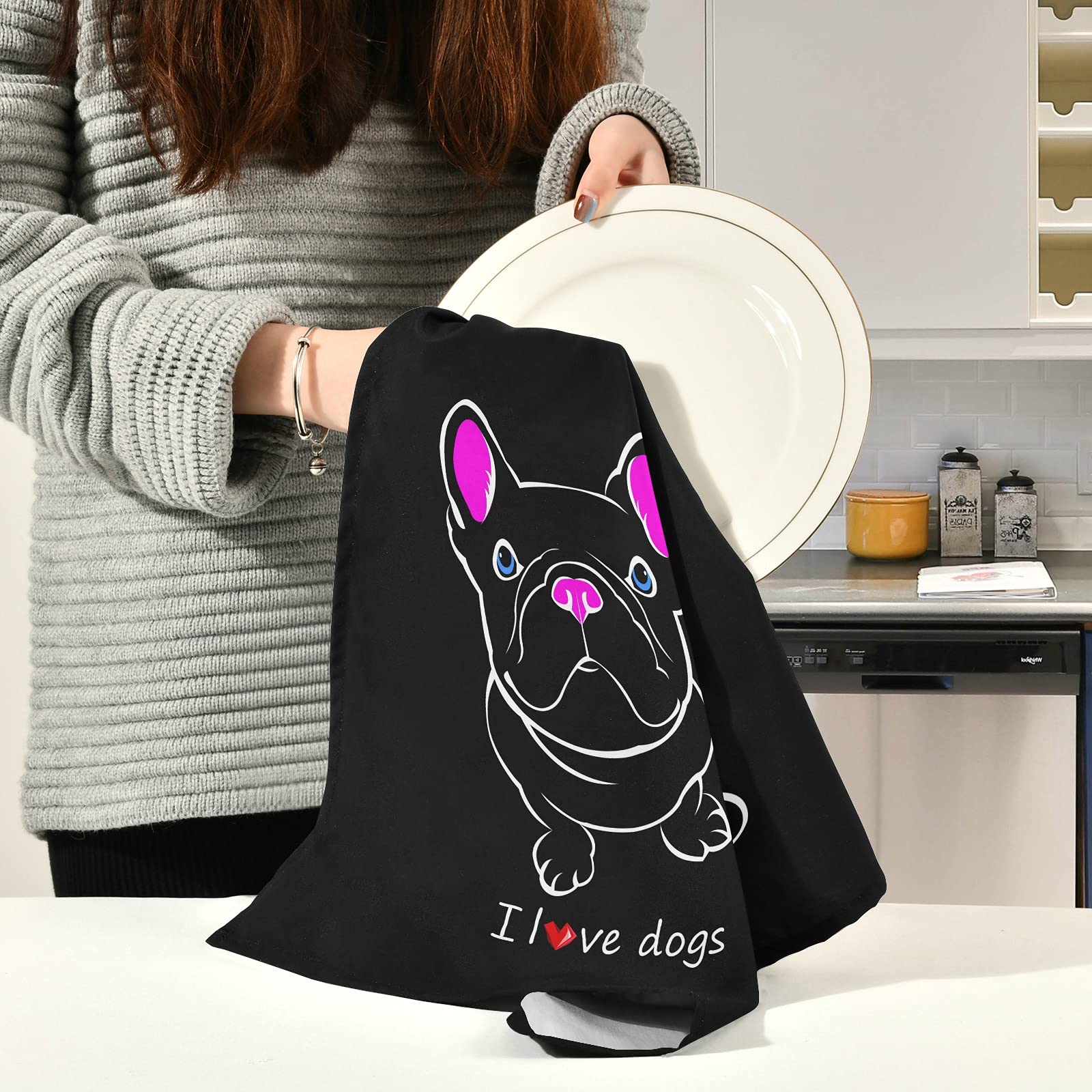 2 Handtücher Mit Französischer Bulldogge-Motiv – 40,6 X 61 Cm, Waffelstoff, Für Küche & Bad