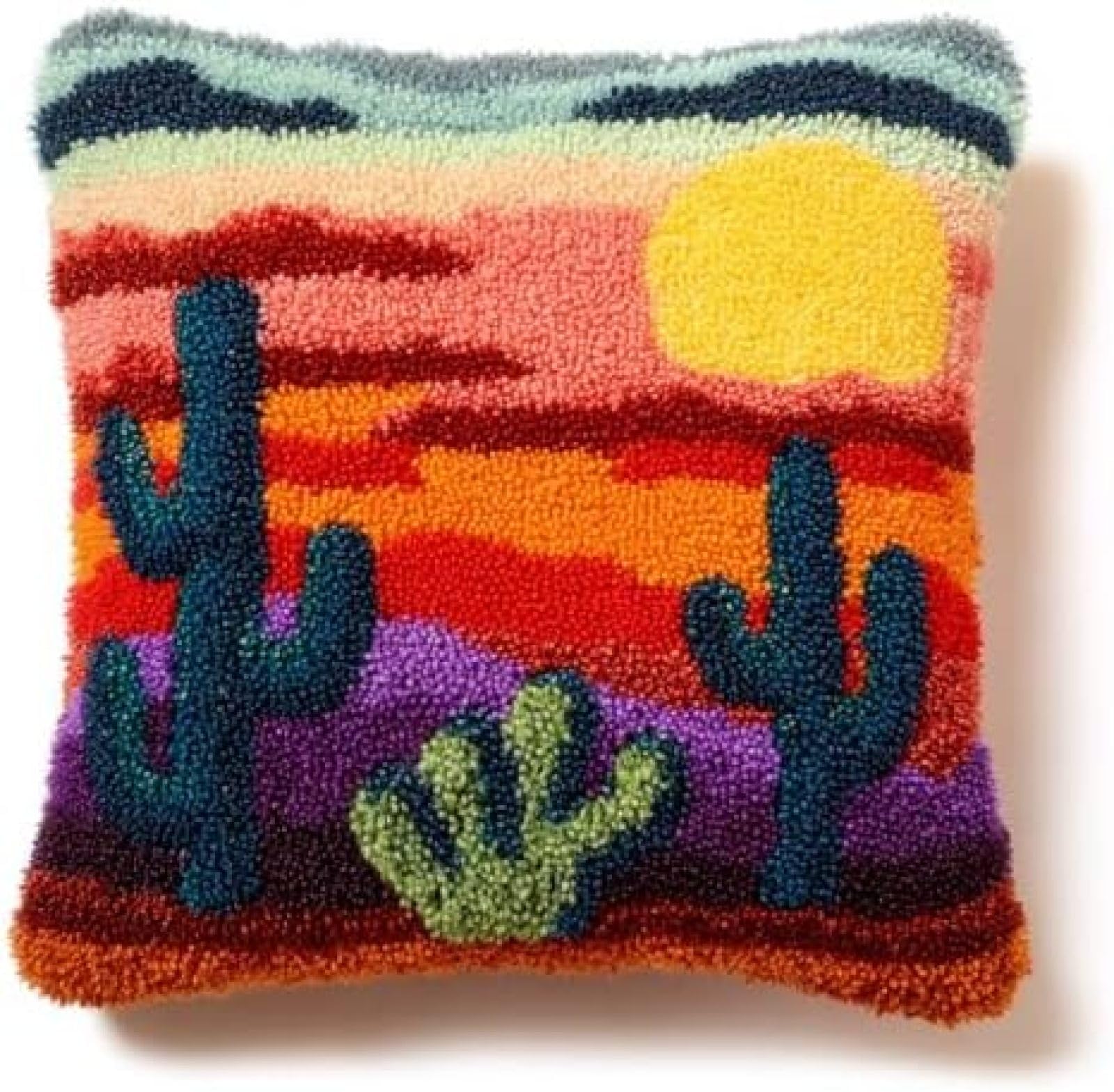 kitphoenix DIY Cushion Cover Craft Kit for Adults,Cactus and Sunset,Latch Hook Embroidery Kit with Printed Canvas,Yarn and Hook,43x43 cm Home Décor