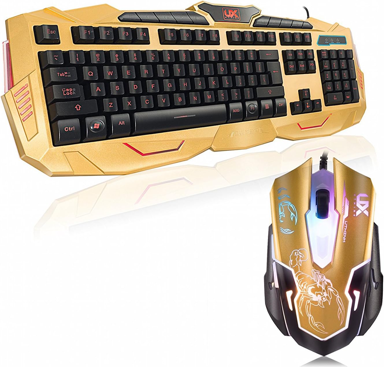 Gaming Keyboard and Mouse - USB Backlit Keyboard and DPI Governor - Spill Resistant - Gold