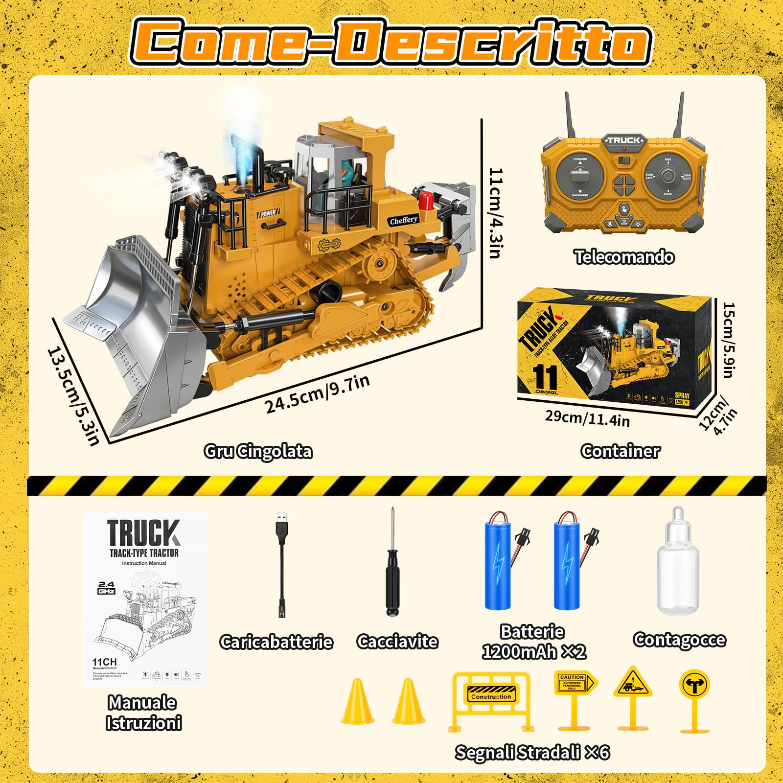 RC Bulldozer, Bulldozer Telecomandato a 11 Canali, 2.4 GHz Bulldozers Giocattolo Telecomandato con Luce ed Effetti Sonori per Bambini di Età Compresa Tra 4 e 12 Anni