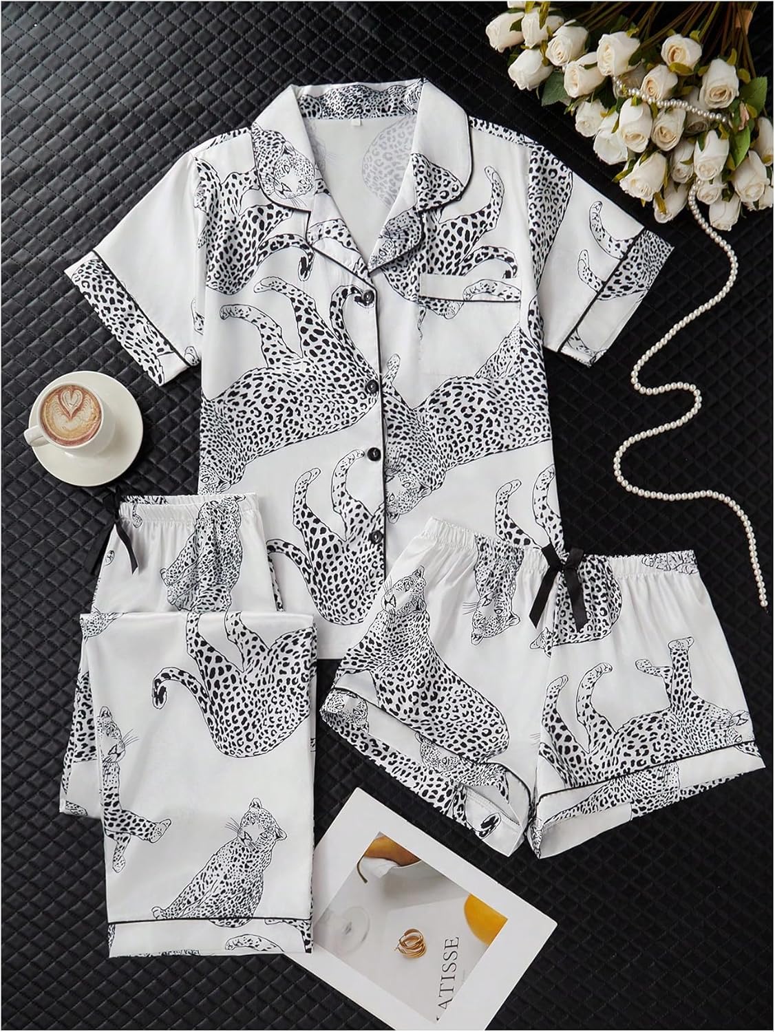 SHENHE Women's 3 Piece Satin Pajama Sets Leopard Pjs Button Down Short Sleeve Silky Lounge Set - Image 5