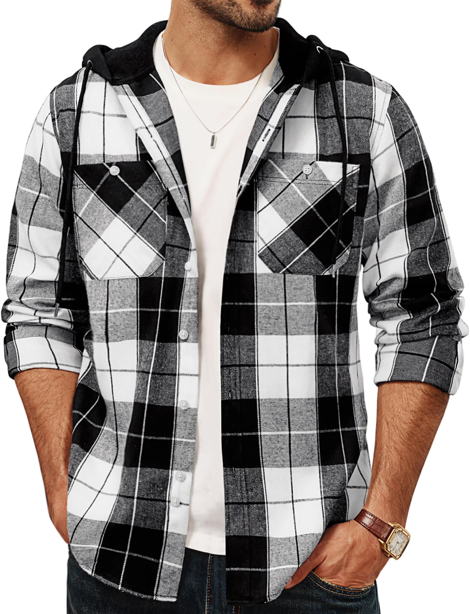 PJ PAUL JONES Men's Flannel Shirt Plaid Hoodie Casual Shirt Long Sleeve Lightweight Shirt Jackets