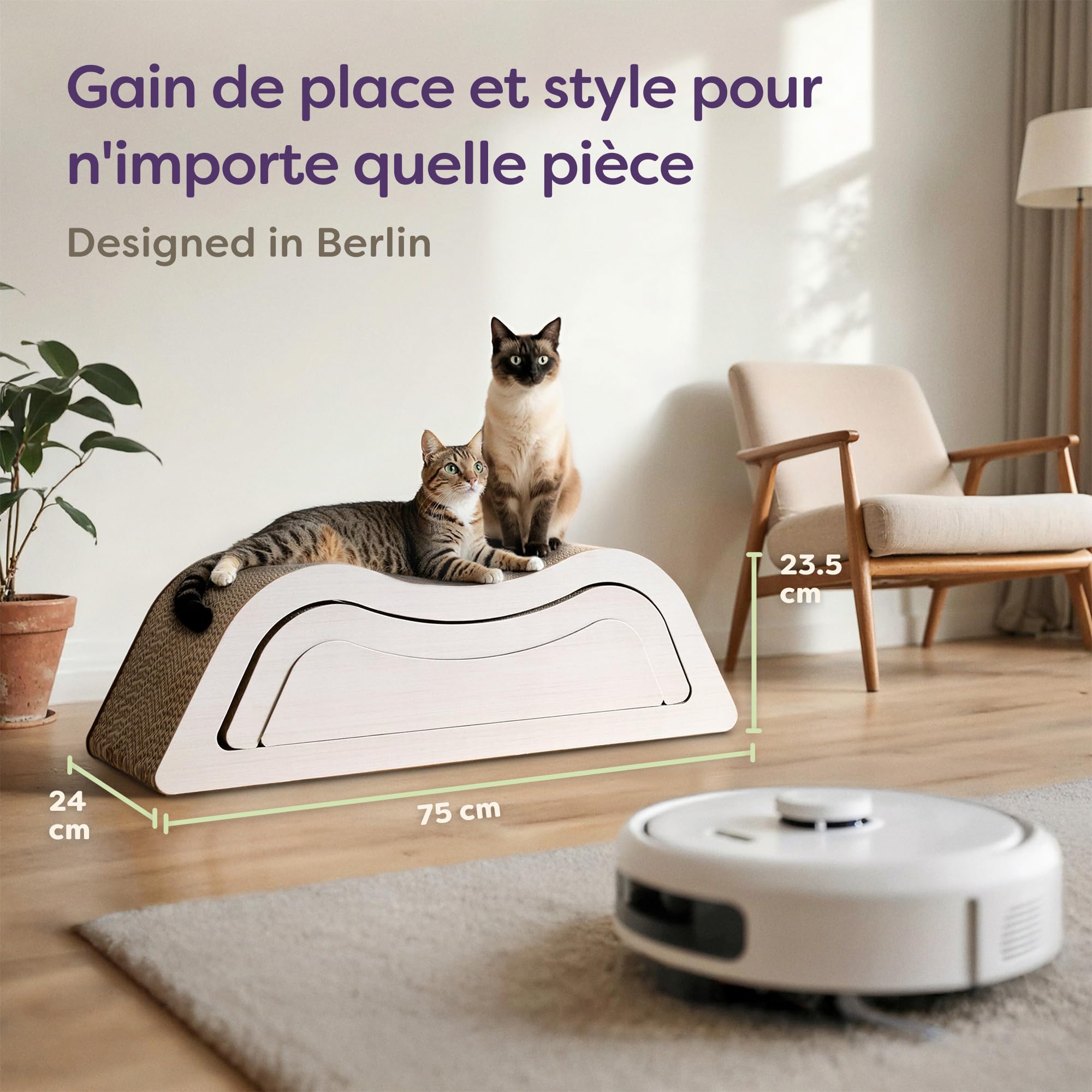 Knupis Griffoir Chat XXL 78 cm Blanc – 3 Pièces – Grattoir Chat en Carton | Tient jusqu'à 2 ans, matière très résistante, peu encombrant, protège canapé et meubles, motif nuage sobre