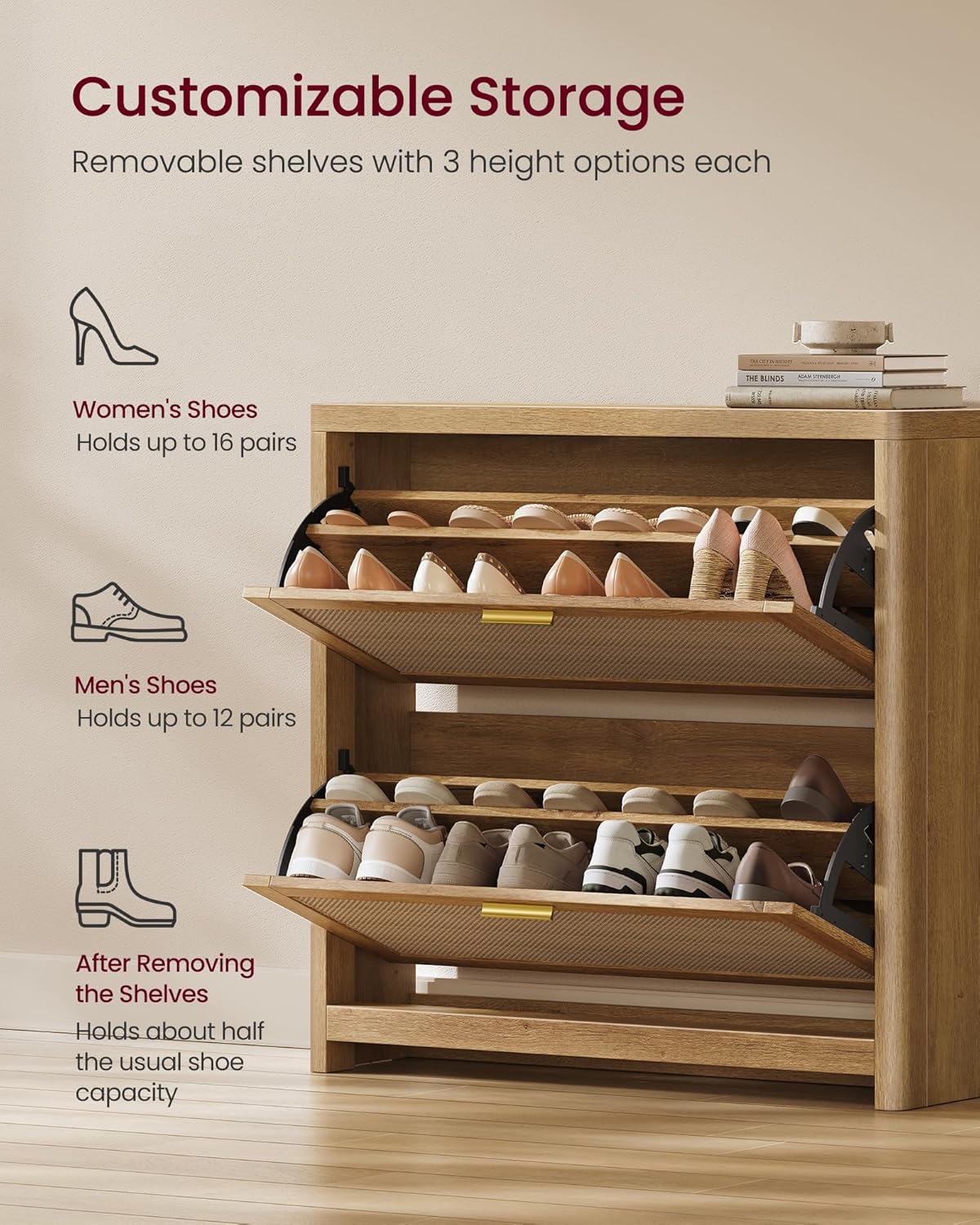 VASAGLE ELLAN Collection - Boho Shoe Storage Cabinet for Entryway Slim, Entry Shoe Cabinet with Rattan-Look Flip Drawers, Rounded Corners, Narrow for Entrance, Natural Brown UHSC601KC01