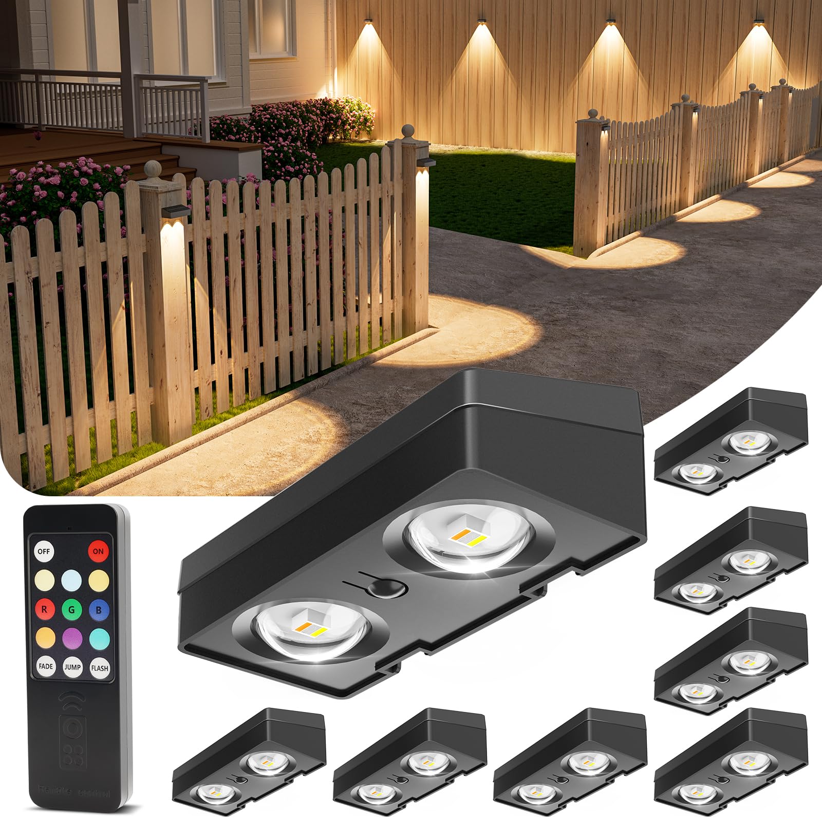 VOLISUN Lot de 8 lampes solaires de clôture avec télécommande, 50 lumens, étanches IP65, 10 couleurs RVB, éclairage décoratif durable pour jardin, cour, terrasse, balustrade