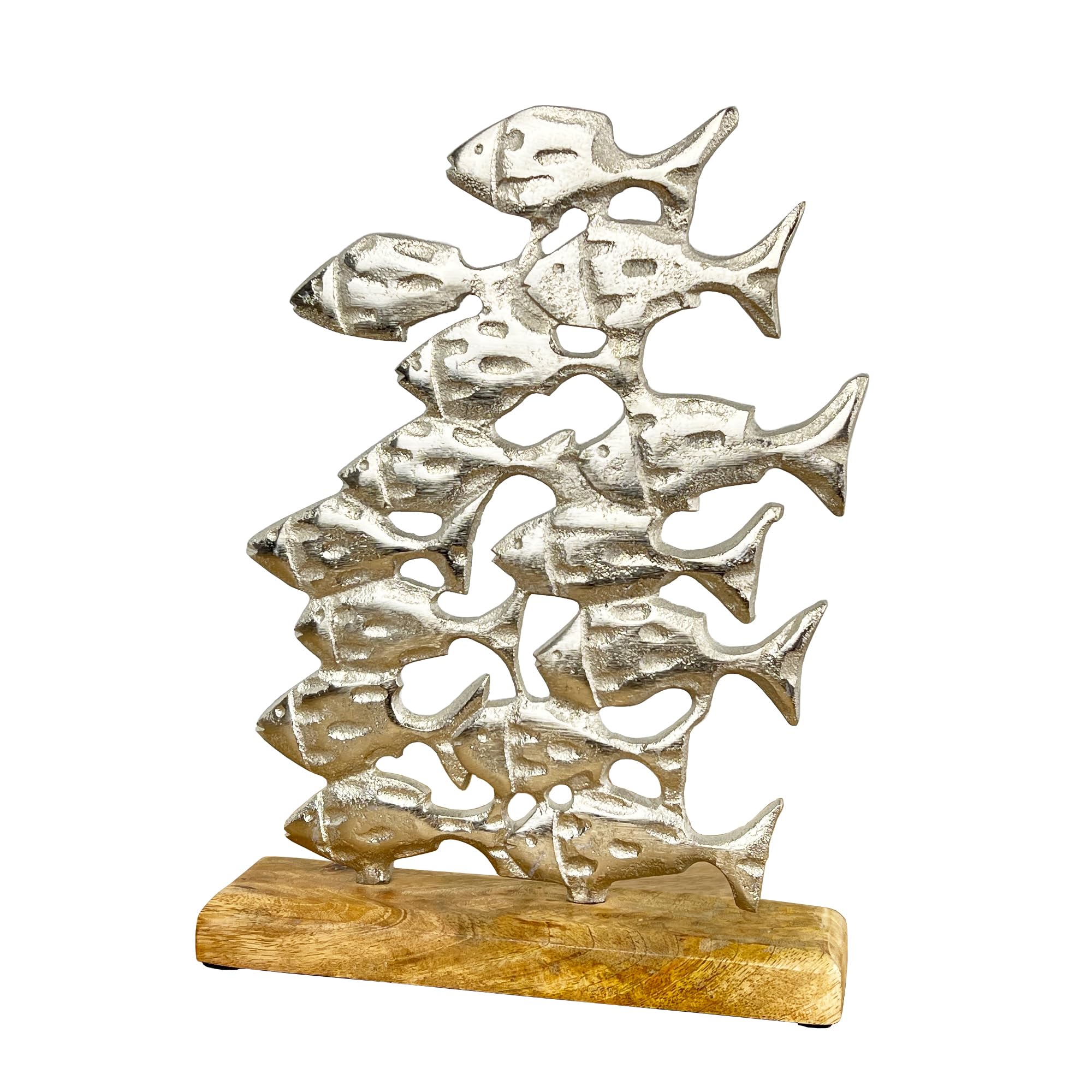 27cm Tall Aluminium Shoal of Fishes Ornament mounted on a Mango Wood Base Sculpture Nautical Silver Home Decor Bathroom Coastal Beach Seaside Harbour
