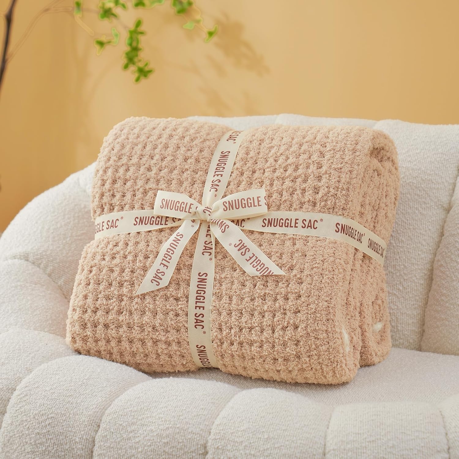 Snuggle Sac Beige Waffle Blanket for Couch Bed Sofa 60x80 inches, Reversible Soft Throw Microfiber Fluffy Fuzzy Cozy Knit Twin Blanket for Women Mothers Birthday Gifts - Image 2