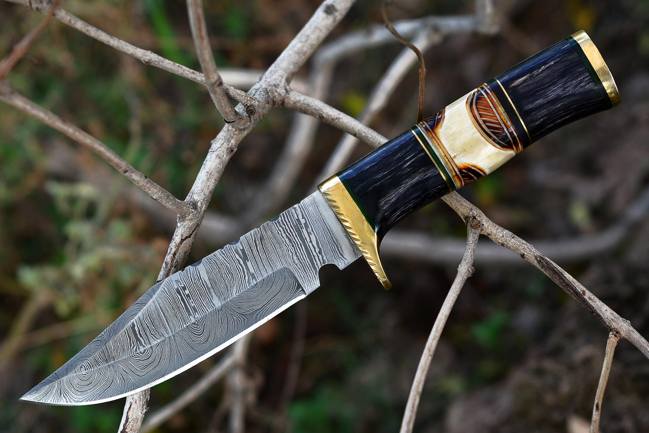Handmade Hunting Fixed Blade Bowie Knife with Leather Sheath Damascus Steel knifes For Camping Outdoor Knifes