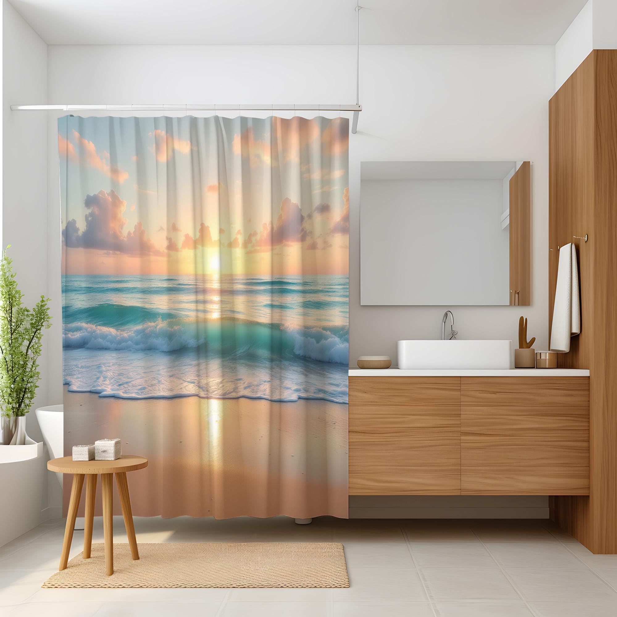 Duschvorhang „Strand-Sonnenuntergang“: Landschaftsmotive, ruhige Badezimmerdekoration im Küstenstil, Badewannenvorhang, maschinenwaschbar (240 x 200 cm / 94 x 79 Zoll (B x H))
