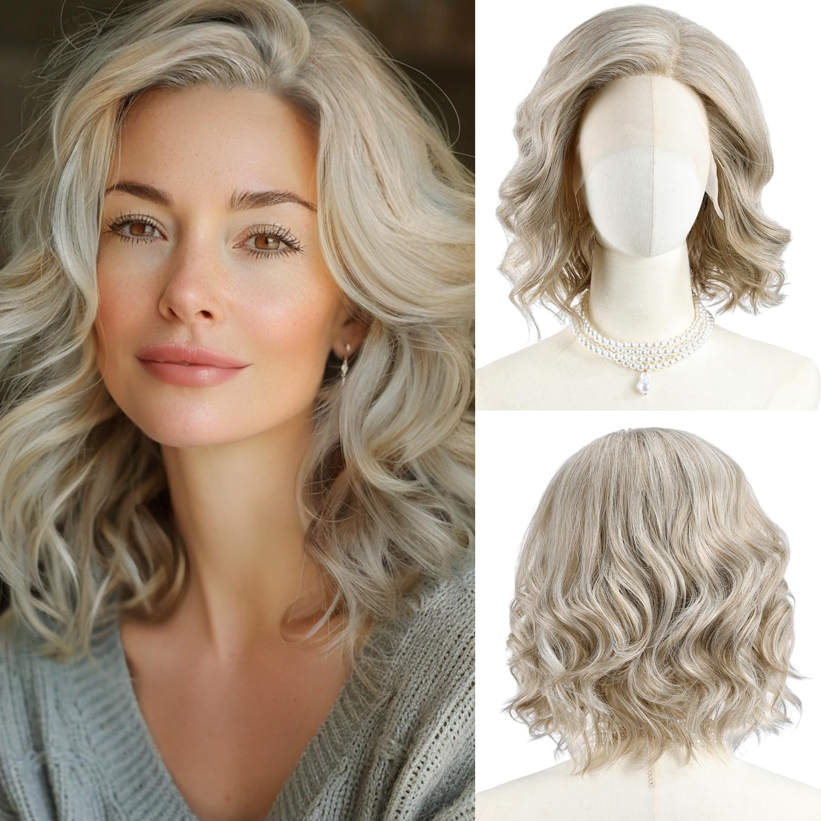 starluck Side Part Wavy Wig Ash Blonde Layered Lace Front Bob Wig 14 Inch Shoulder Length Heat Resistant Synthetic Wig for White Women